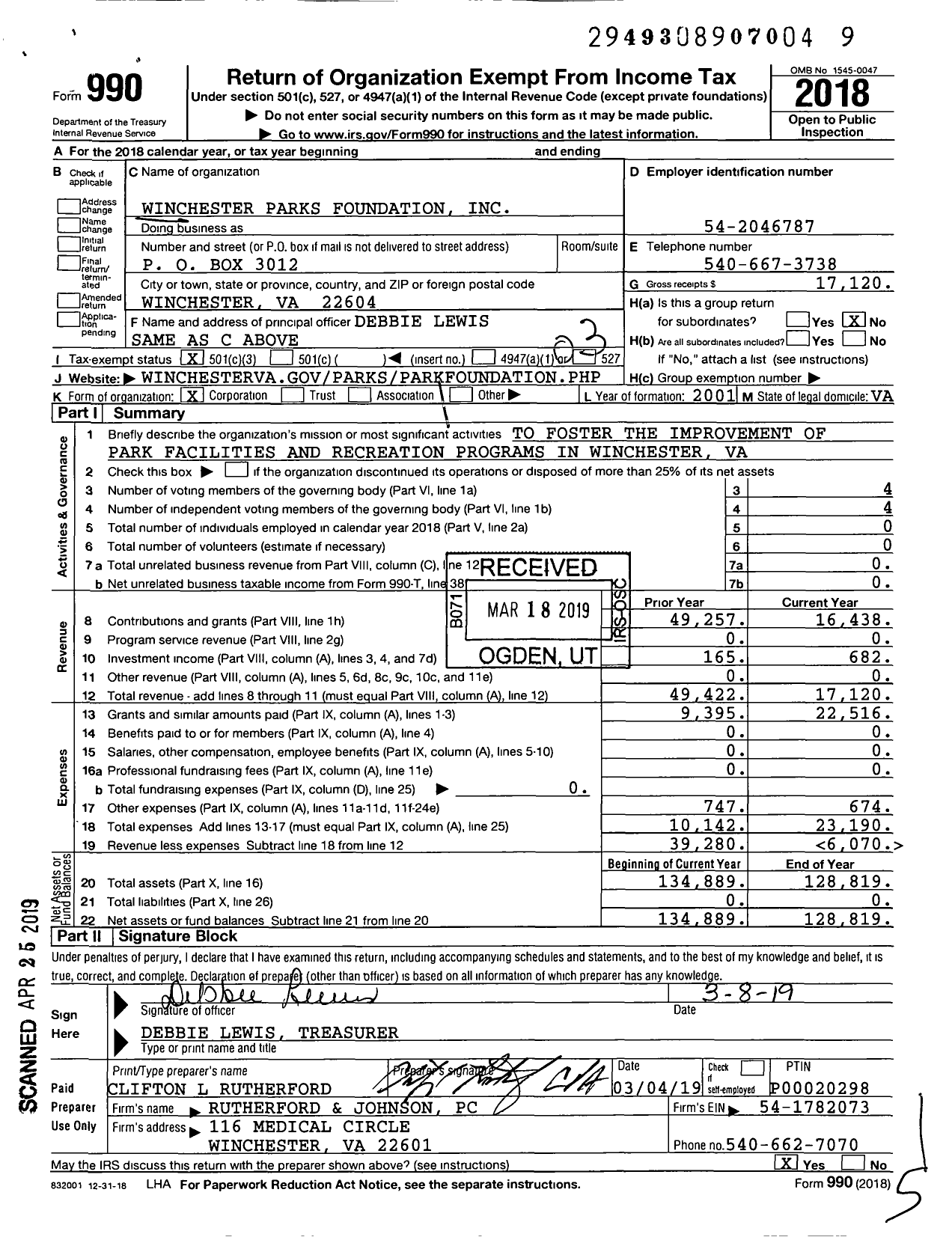 Image of first page of 2018 Form 990 for Winchester Parks Foundation