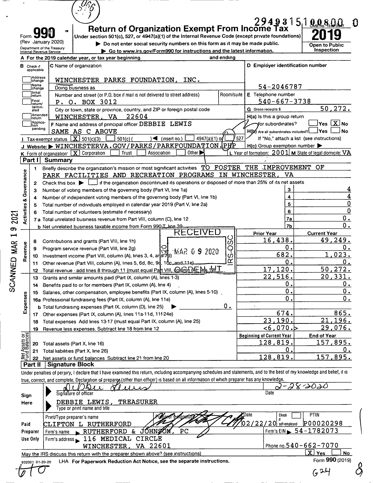 Image of first page of 2019 Form 990 for Winchester Parks Foundation