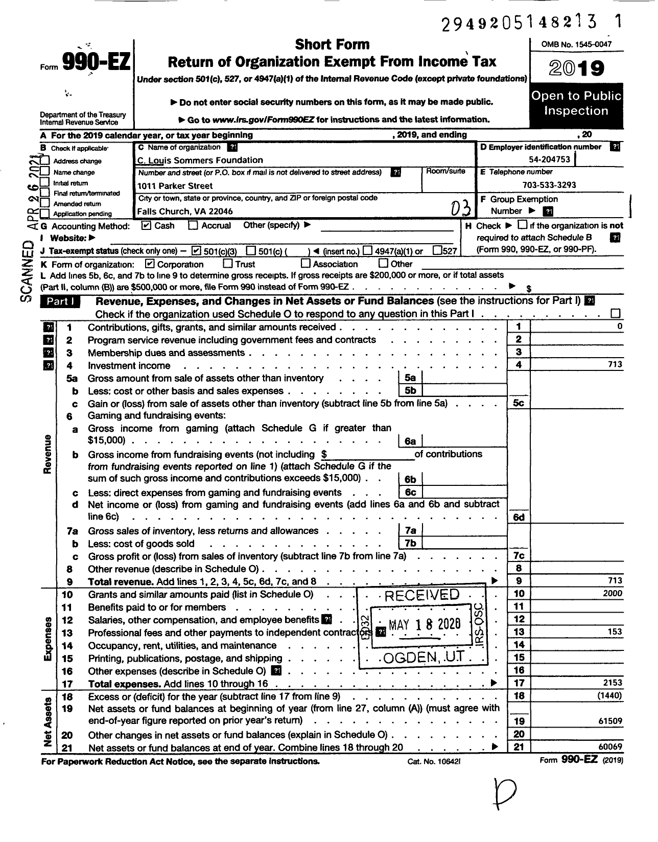 Image of first page of 2019 Form 990EZ for C Louis Sommers Foundation