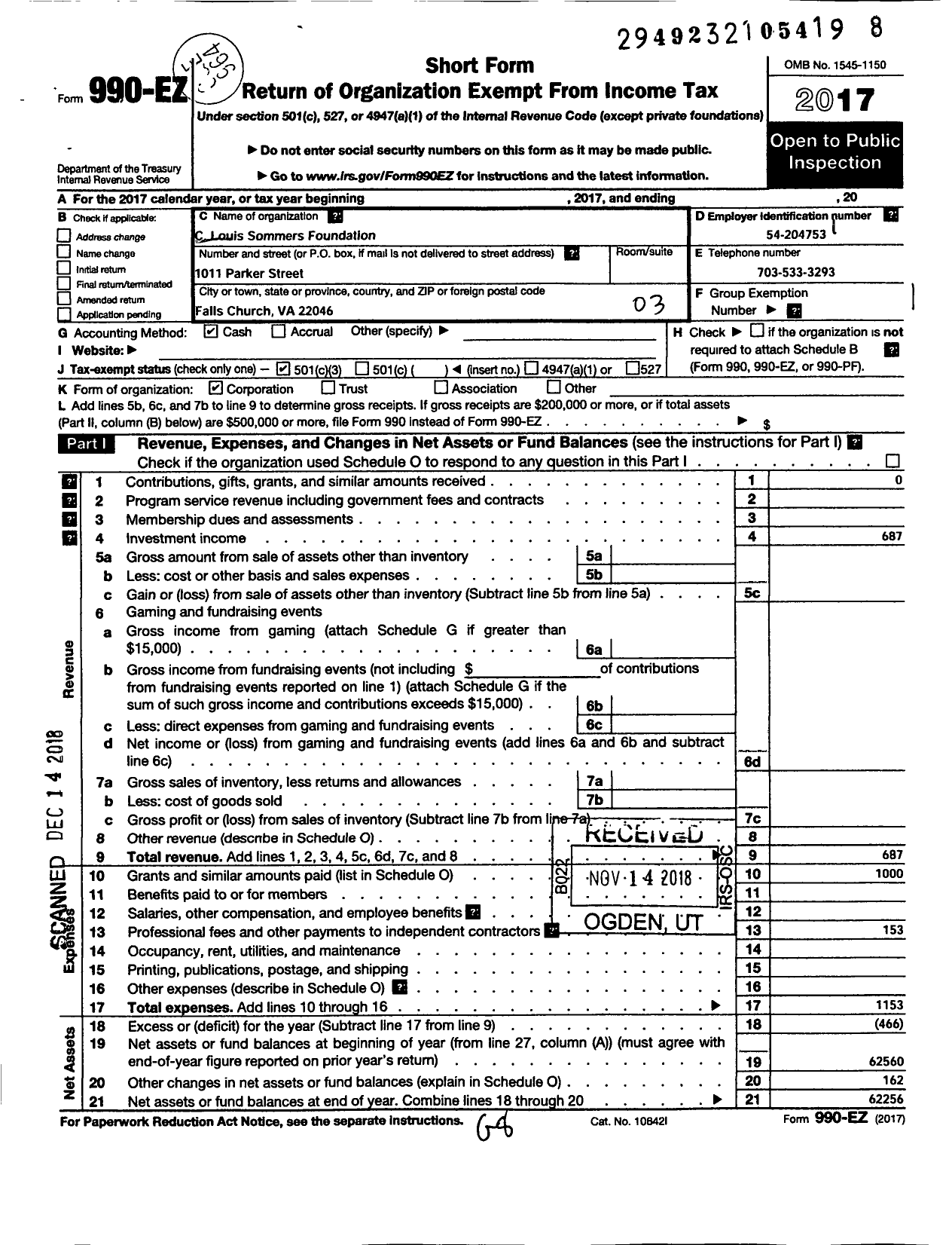 Image of first page of 2017 Form 990EZ for C Louis Sommers Foundation