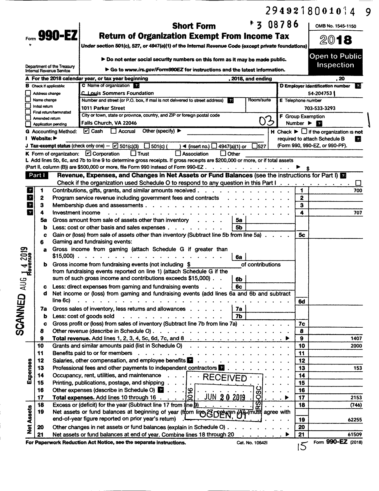 Image of first page of 2018 Form 990EZ for C Louis Sommers Foundation