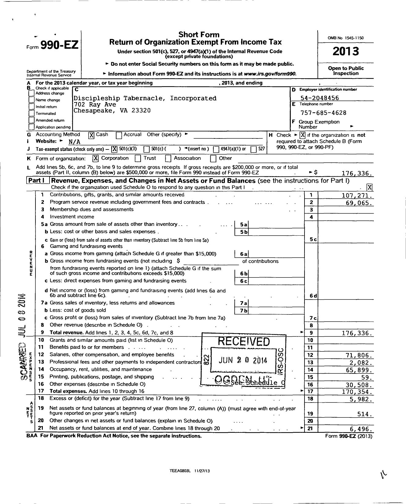 Image of first page of 2013 Form 990EZ for Disipleship Tabernacle Incorporated