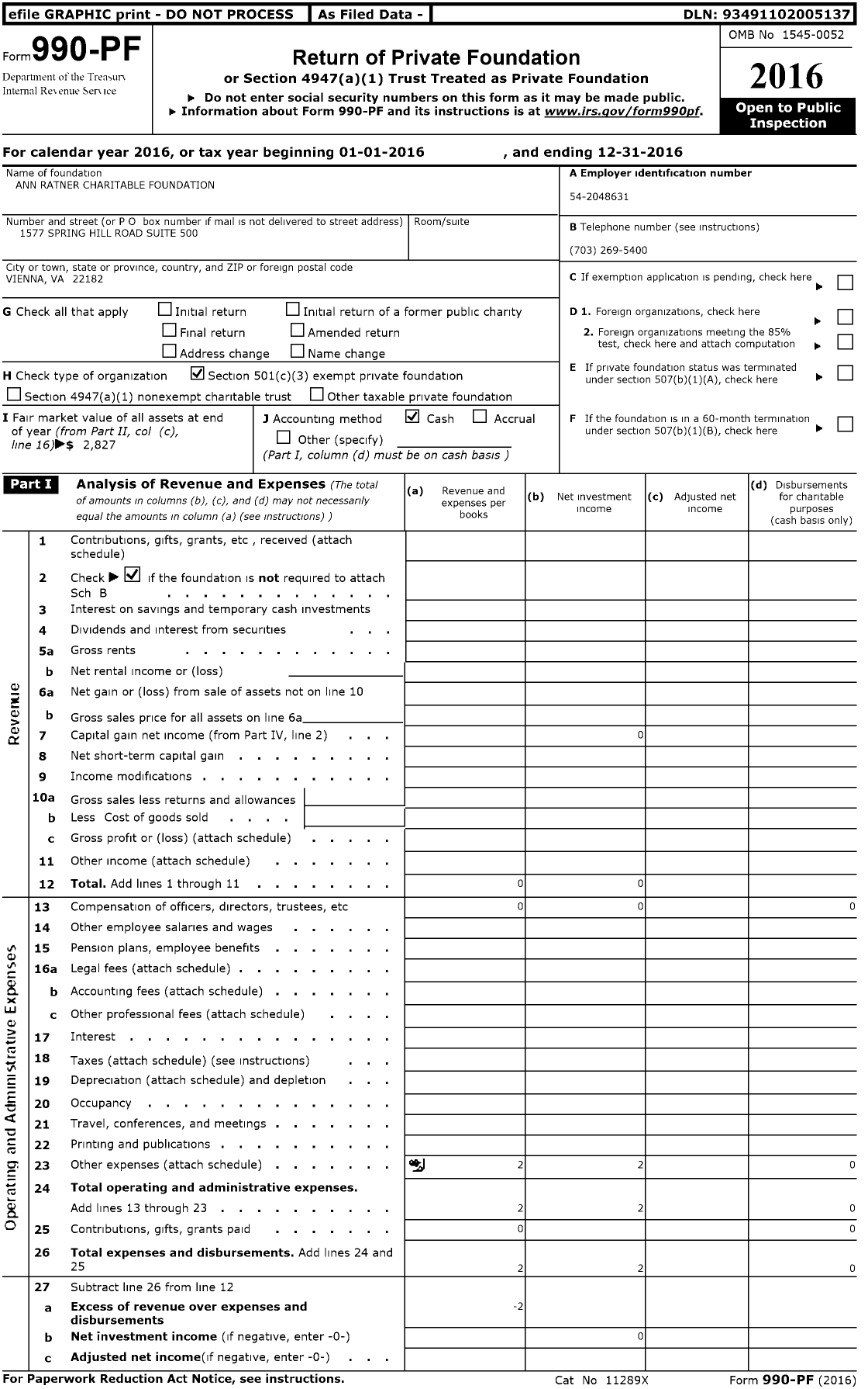 Image of first page of 2016 Form 990PF for Ann Ratner Charitable Foundation