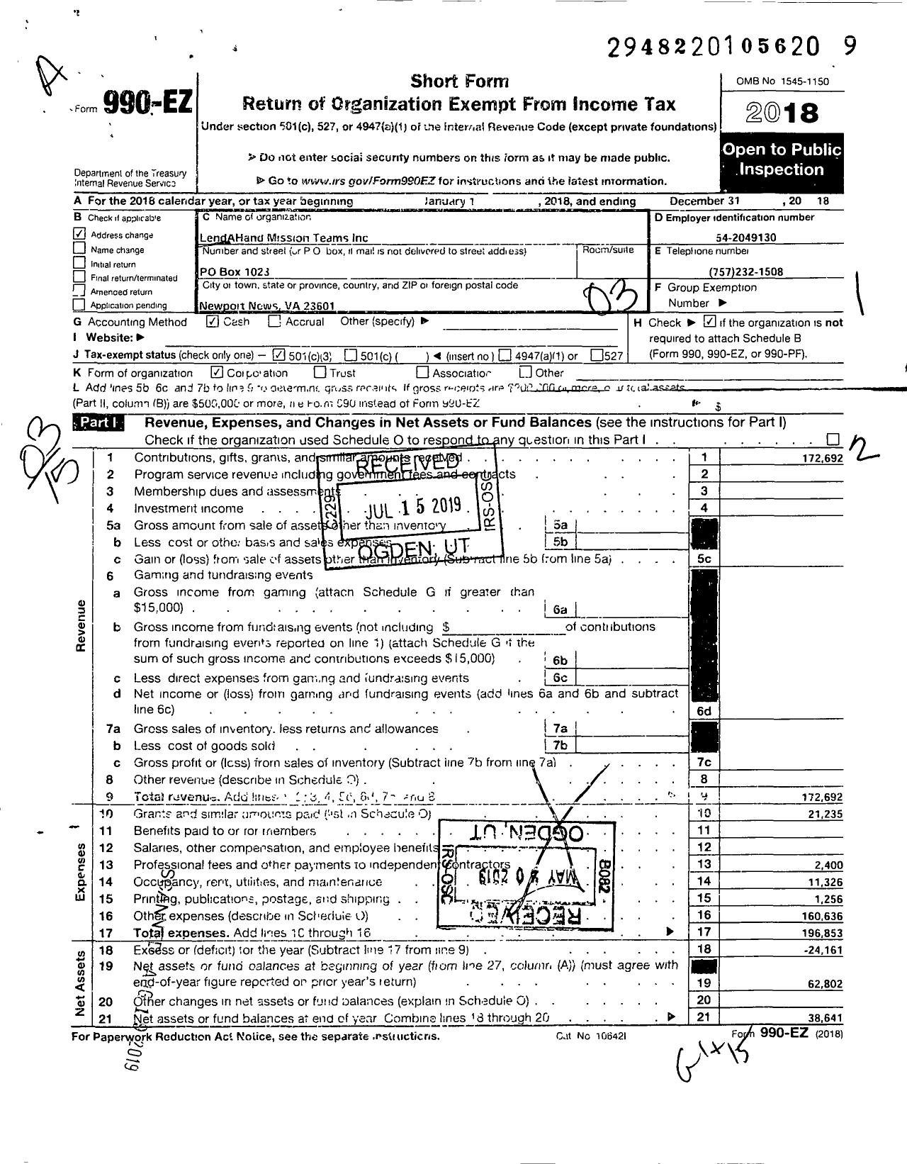 Image of first page of 2018 Form 990EZ for Lend-A-Hand Mission Teams