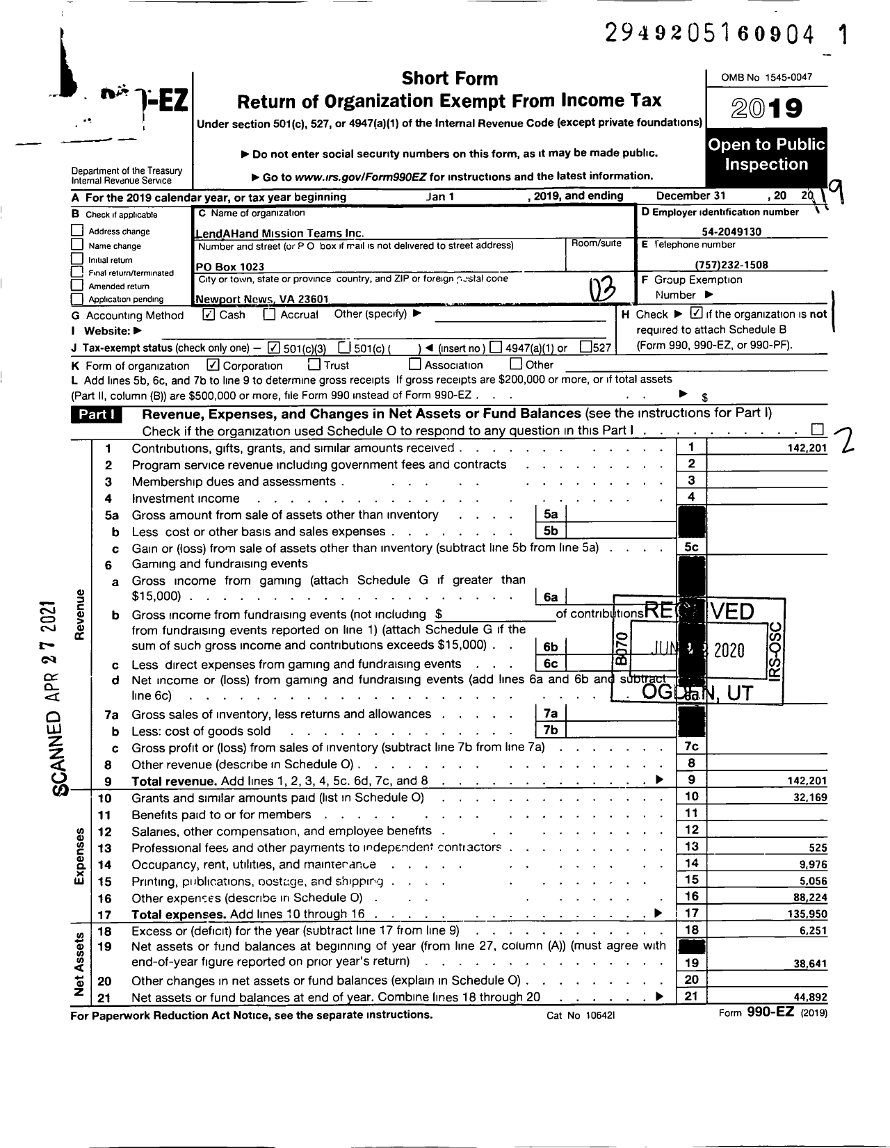 Image of first page of 2019 Form 990EZ for Lend-A-Hand Mission Teams