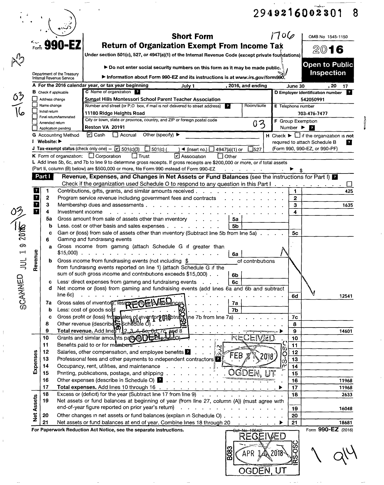 Image of first page of 2016 Form 990EZ for Virginia PTA - Sunset Hills Montessori PTA