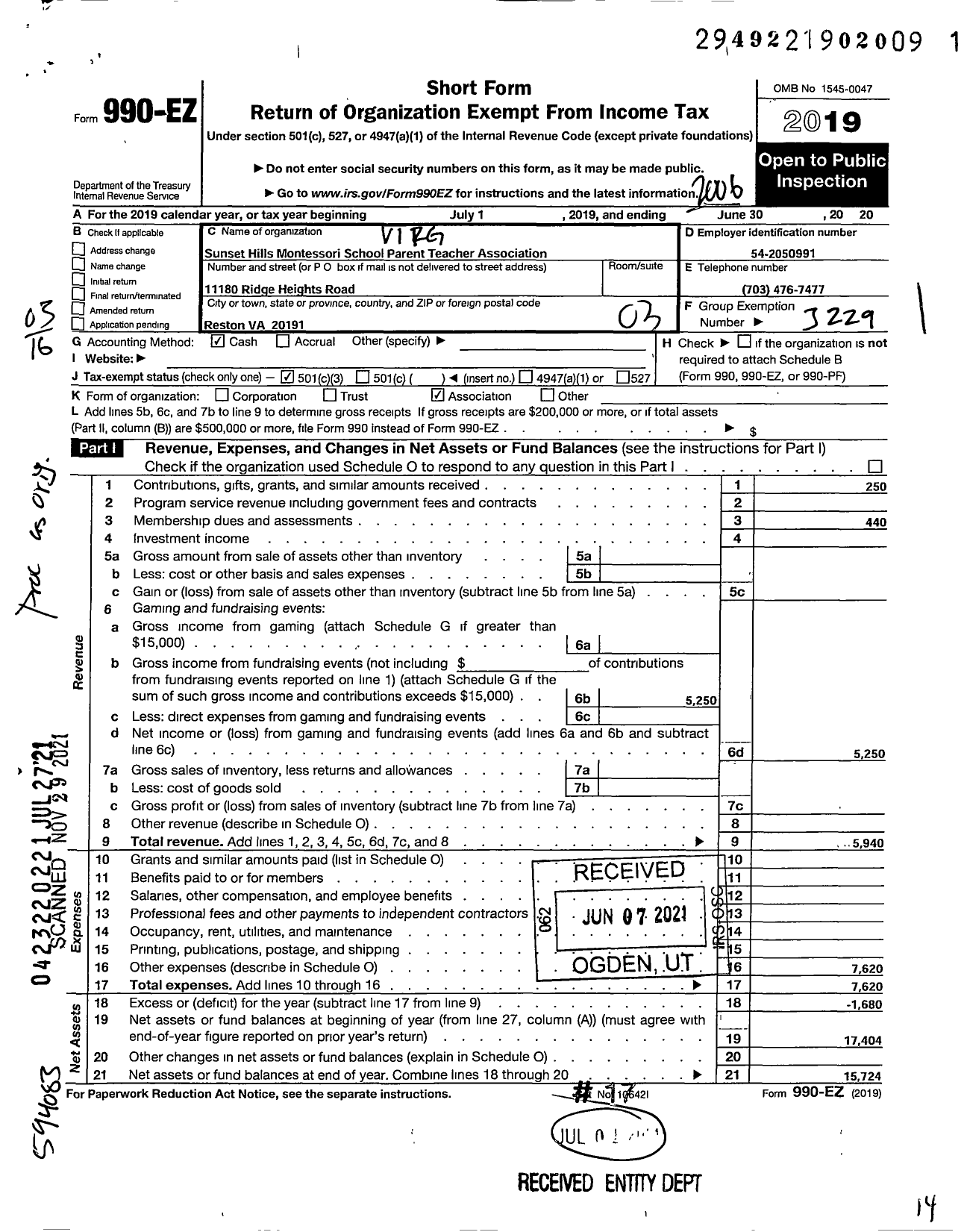 Image of first page of 2019 Form 990EZ for Virginia PTA - Sunset Hills Montessori PTA