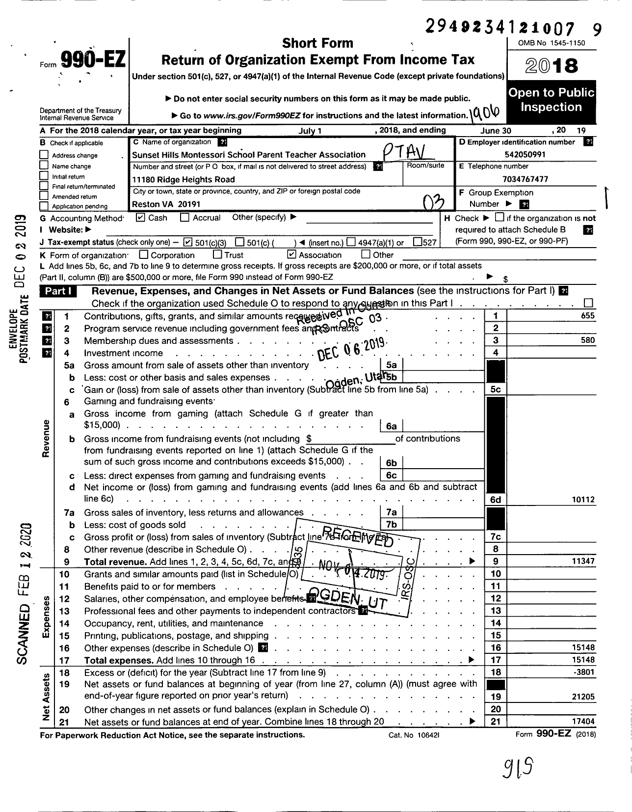 Image of first page of 2018 Form 990EZ for Virginia PTA - Sunset Hills Montessori PTA