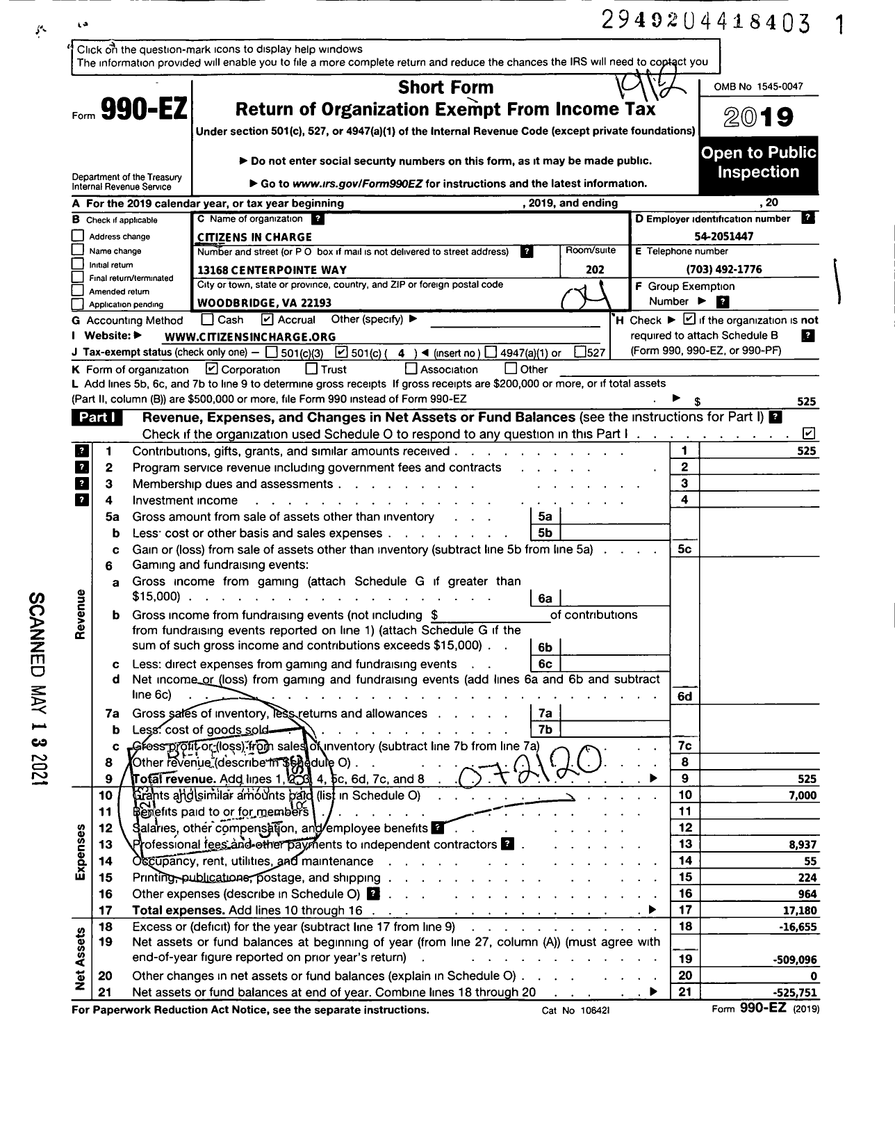 Image of first page of 2019 Form 990EO for Citizens in Charge