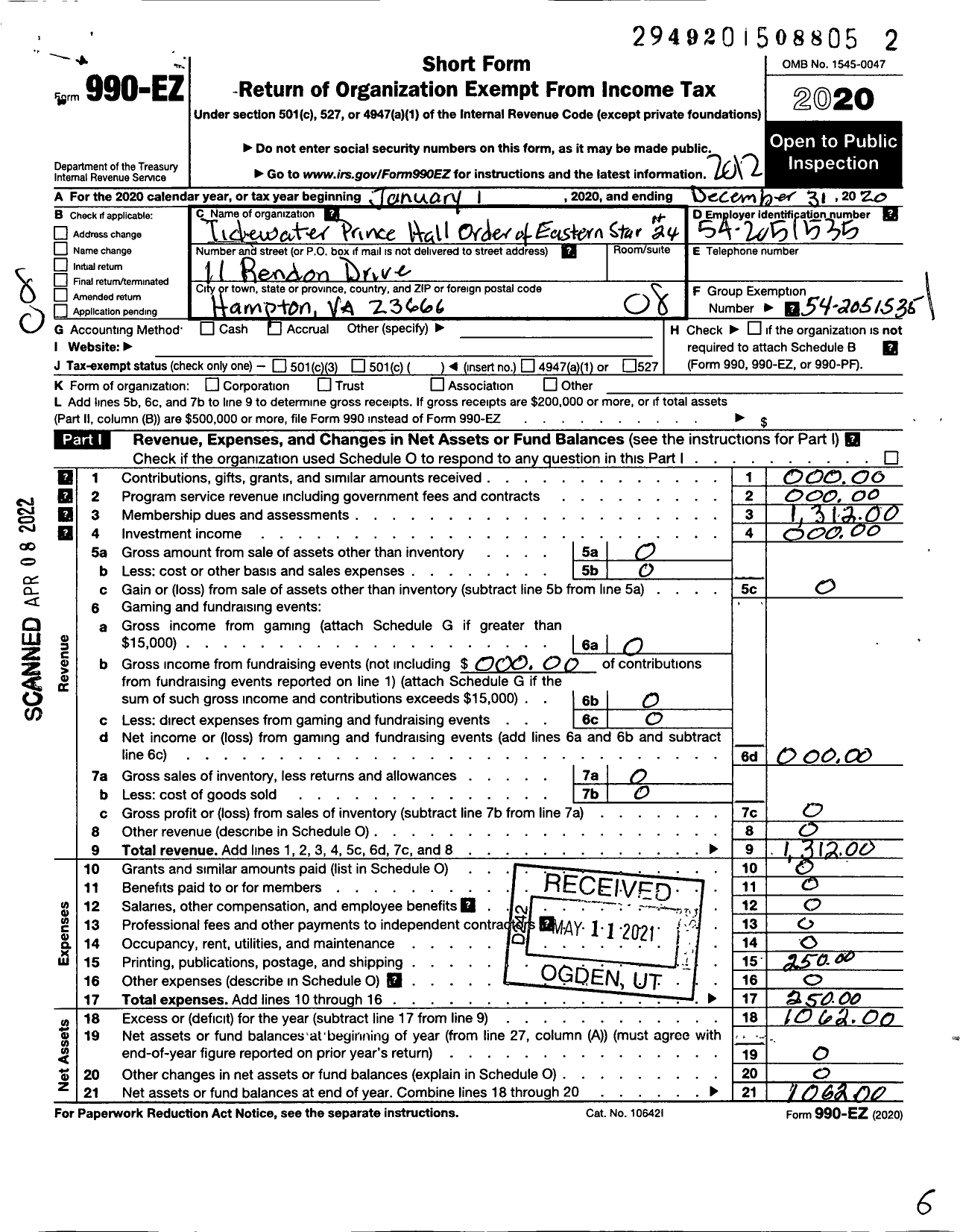 Image of first page of 2020 Form 990EO for Grand Order of the Eastern Star of Virginia Pha / Tidewater Prince Hall Chapter