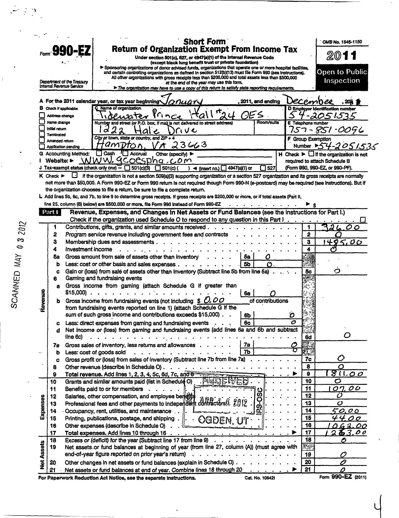 Image of first page of 2011 Form 990EO for Grand Order of the Eastern Star of Virginia Pha / Tidewater Prince Hall Chapter