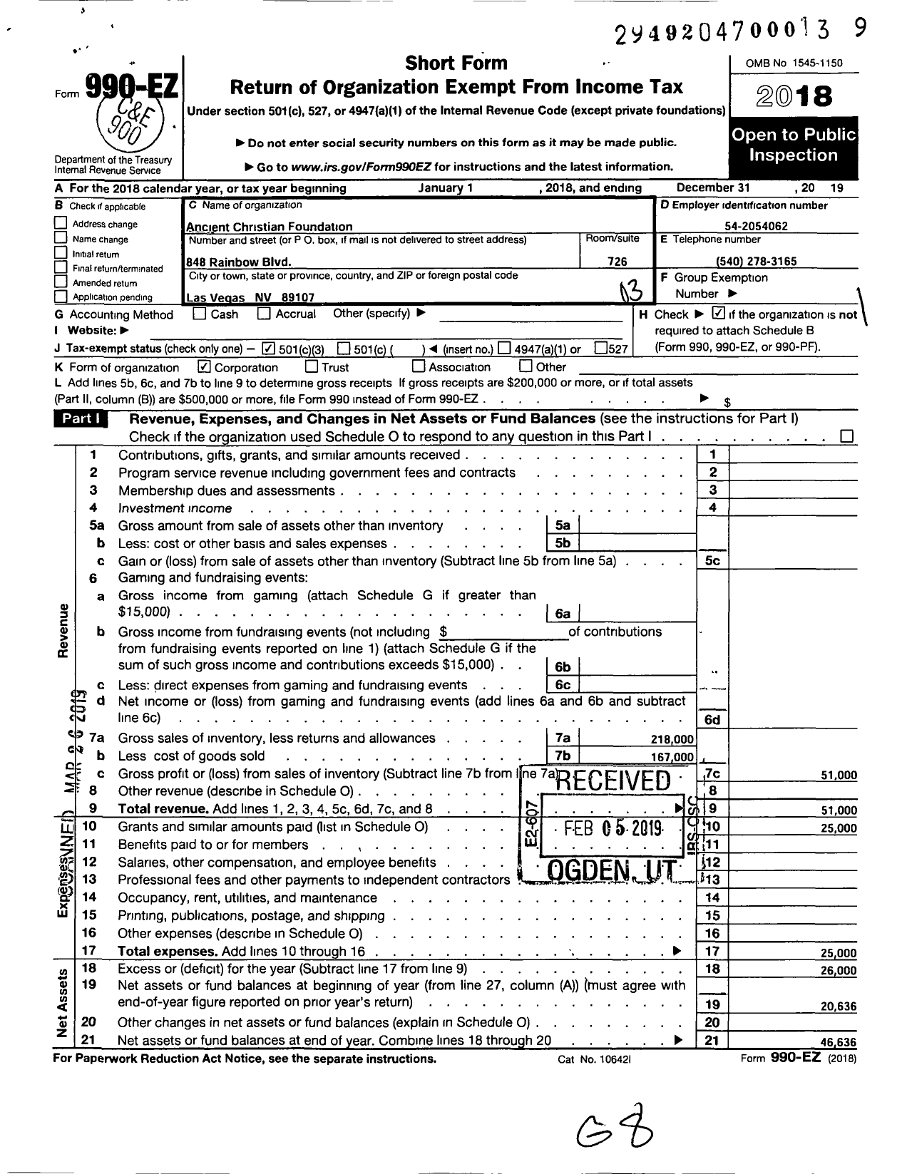 Image of first page of 2019 Form 990EZ for Ancient Christian Foundation