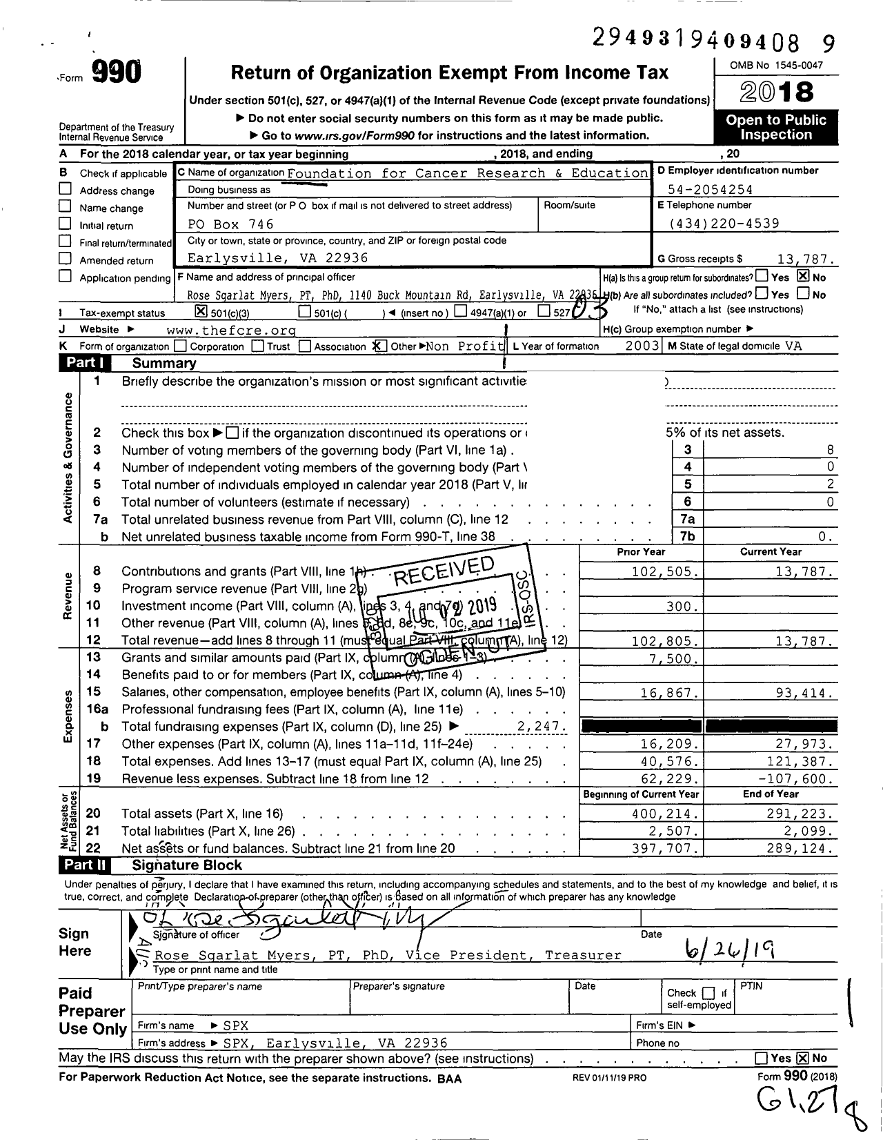 Image of first page of 2018 Form 990 for Foundation for Cancer Research and Education