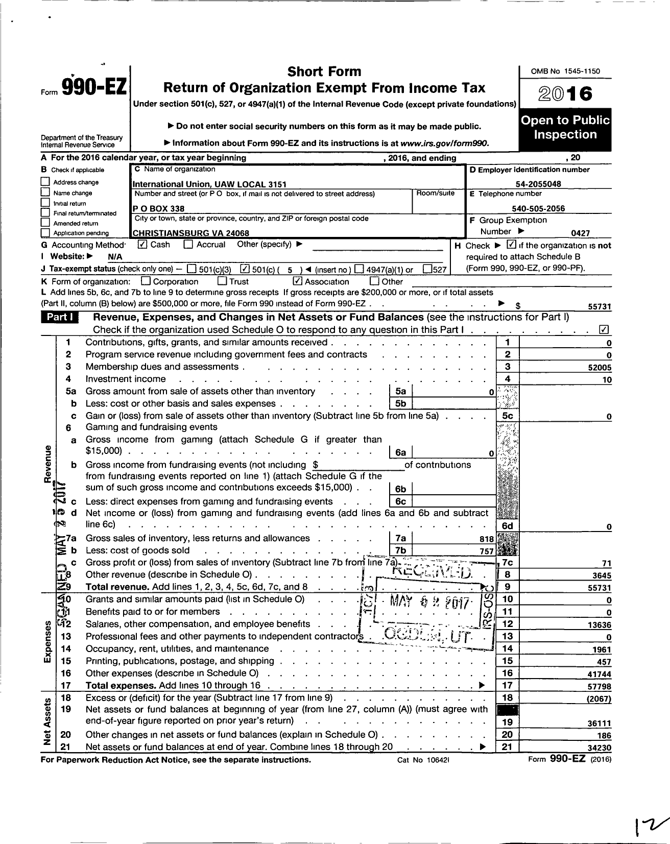 Image of first page of 2016 Form 990EO for Uaw - 3151 Local (3151 Local)