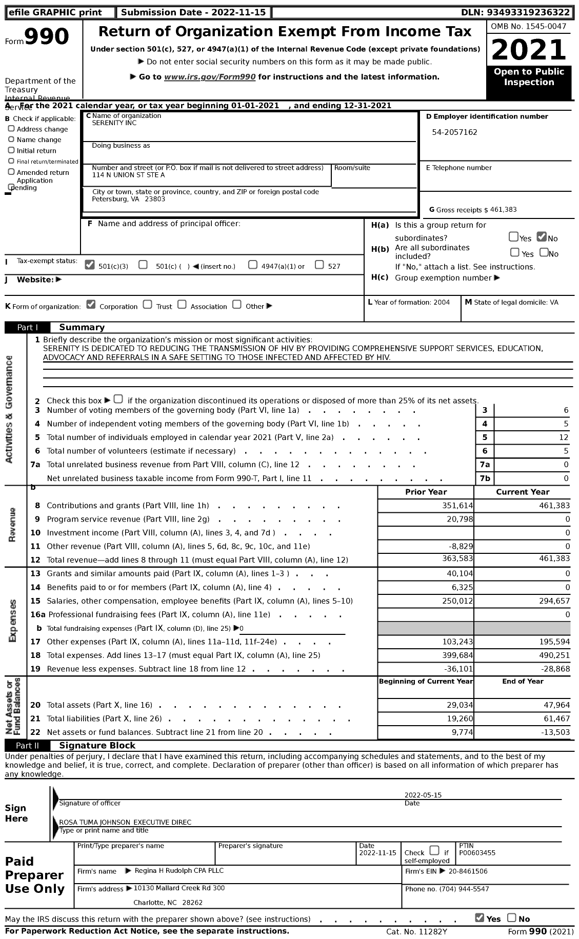 Image of first page of 2021 Form 990 for Serenity