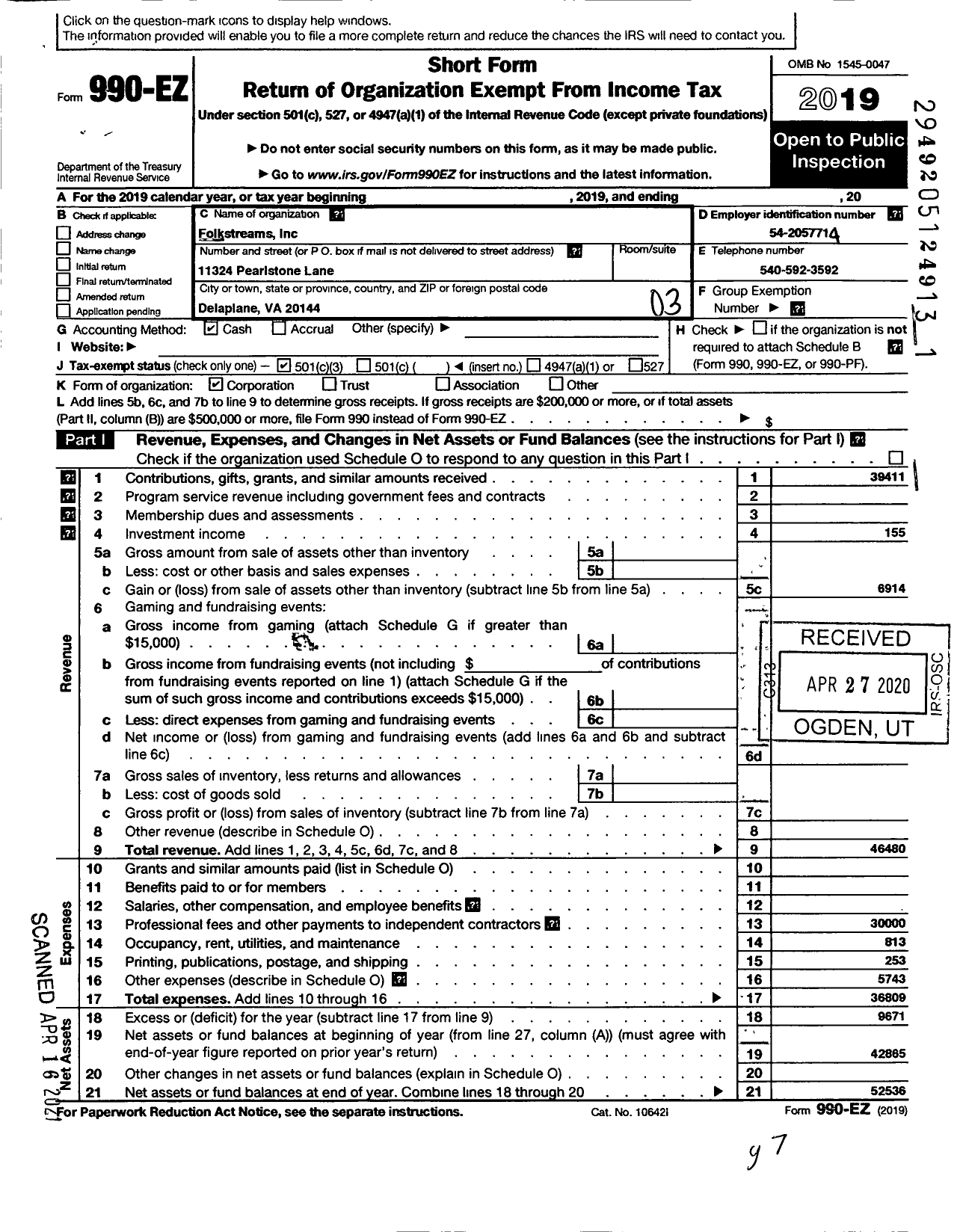 Image of first page of 2019 Form 990EZ for Folkstreams