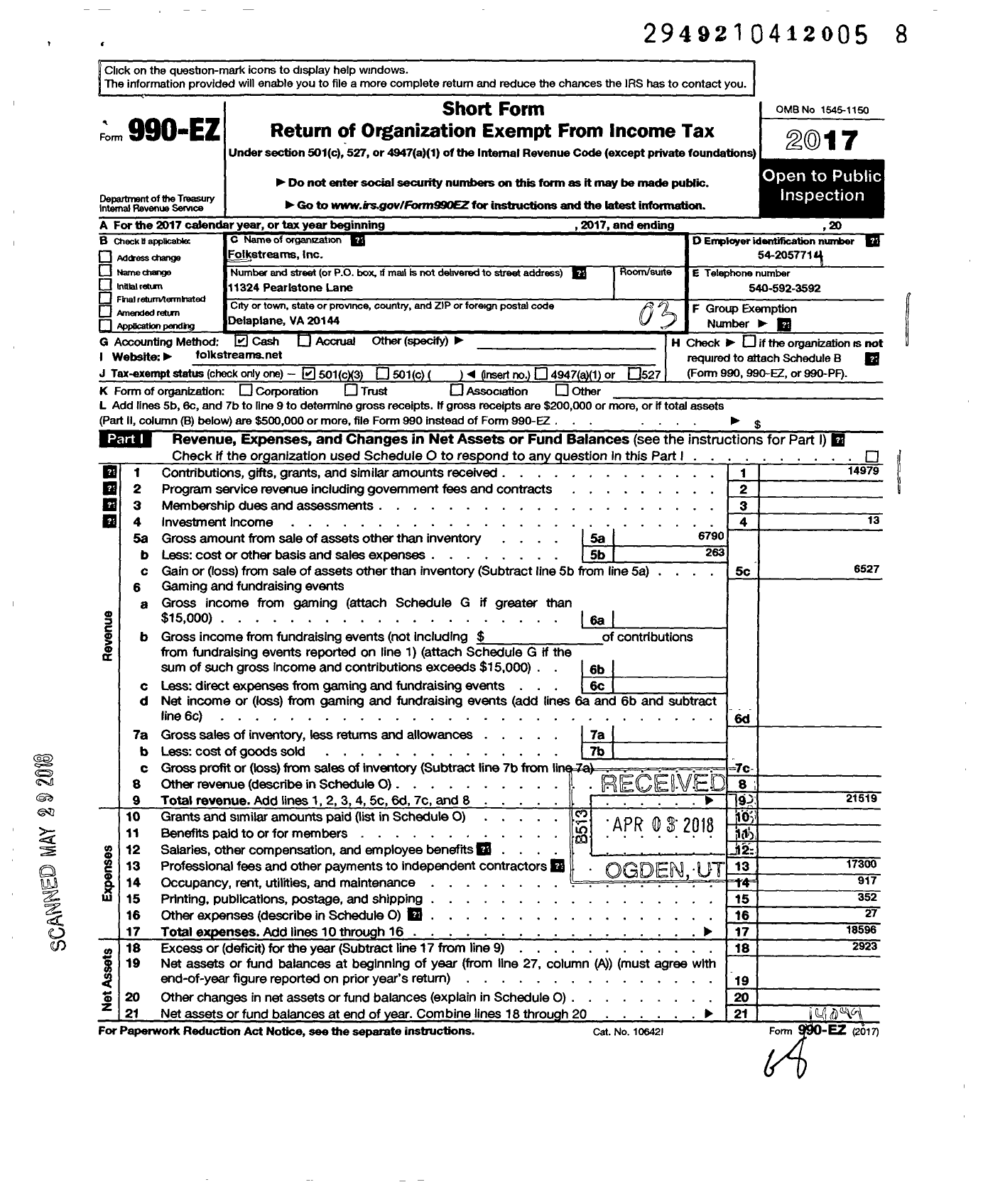 Image of first page of 2017 Form 990EZ for Folkstreams