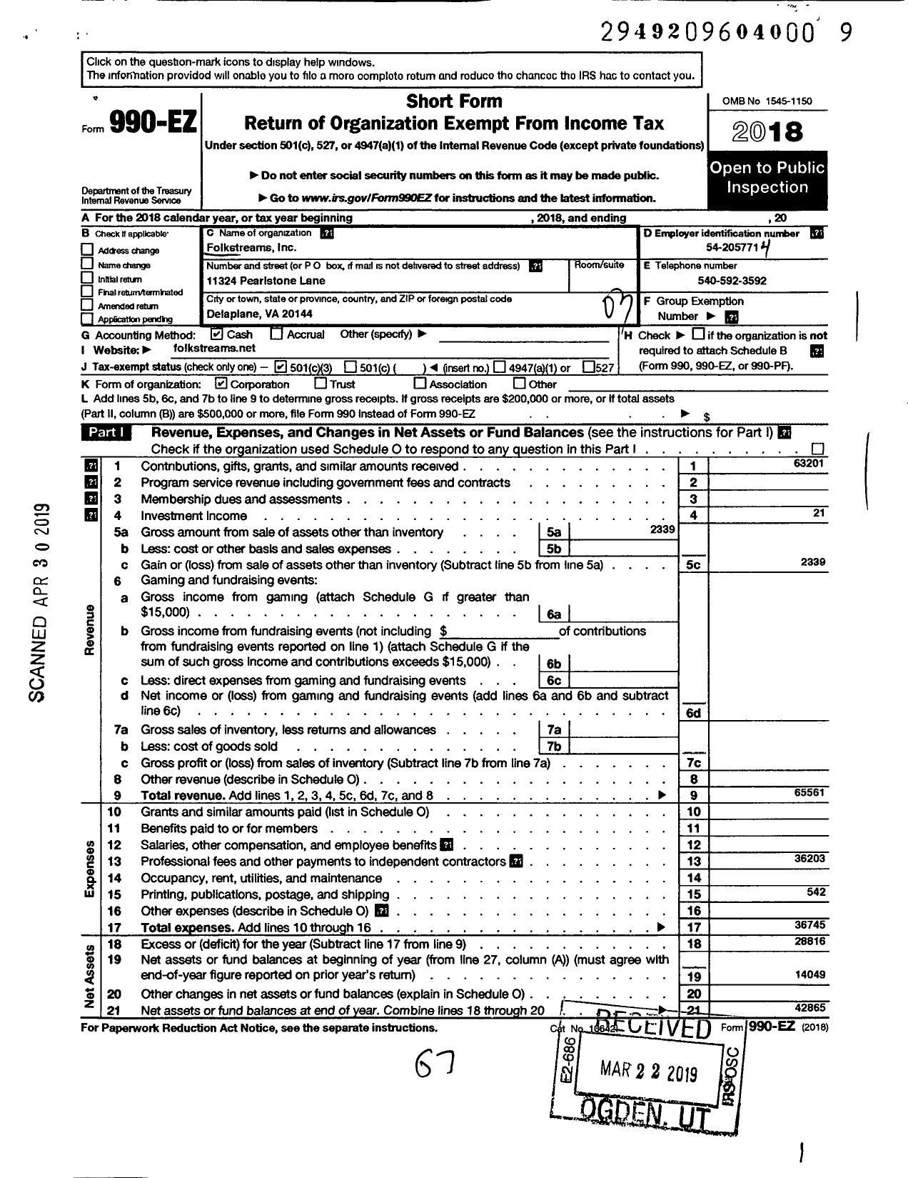 Image of first page of 2018 Form 990EZ for Folkstreams