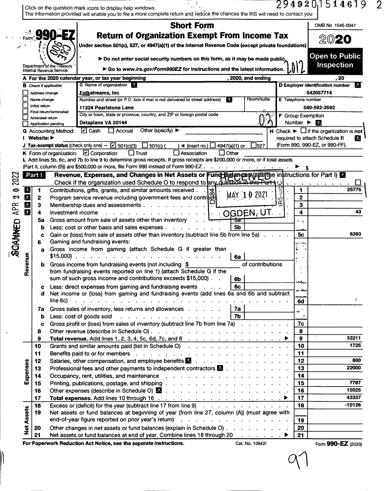 Image of first page of 2020 Form 990EZ for Folkstreams