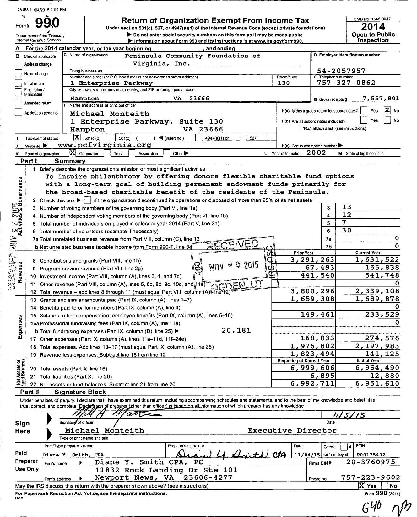 Image of first page of 2014 Form 990 for Peninsula Community Foundation of Virginia
