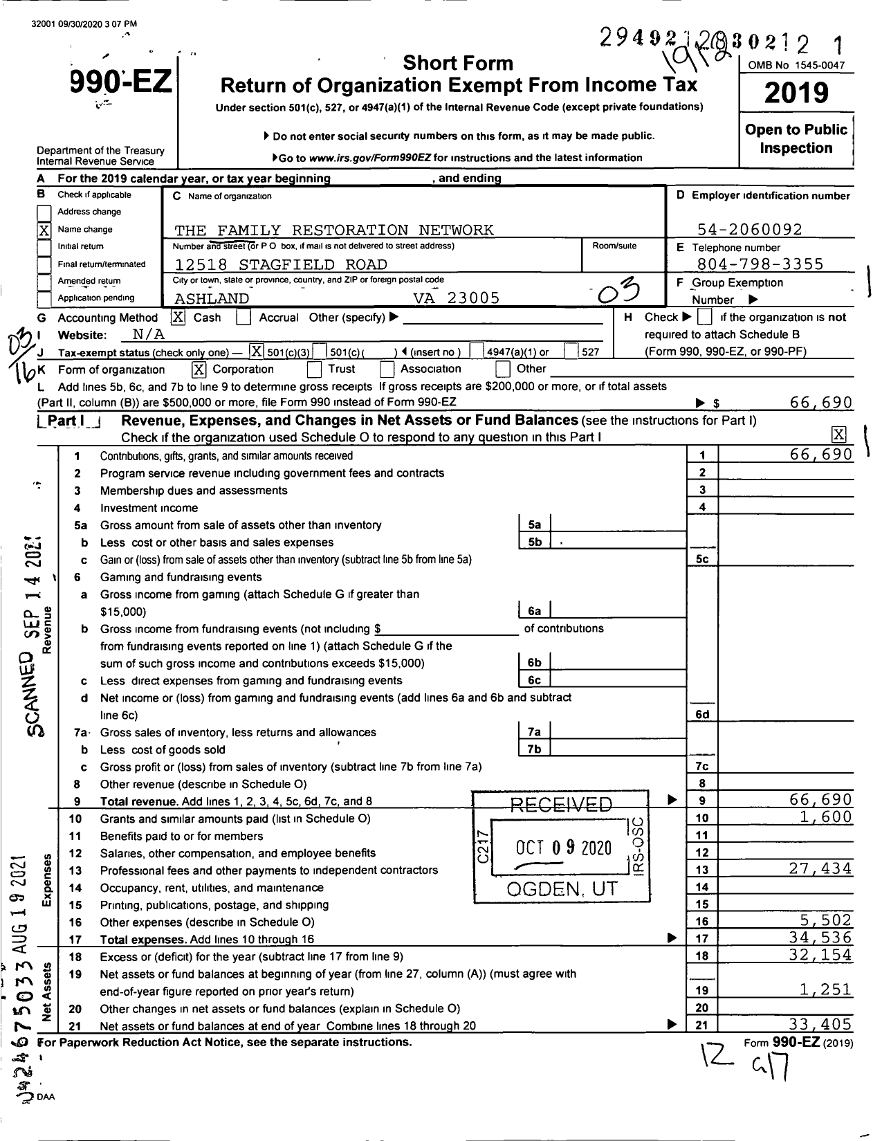 Image of first page of 2019 Form 990EZ for The Family Restoration Network