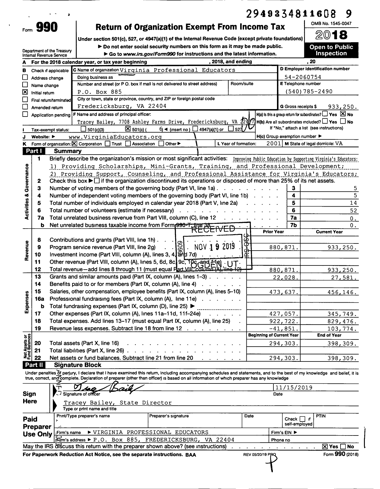 Image of first page of 2018 Form 990O for Virginia Professional Educators