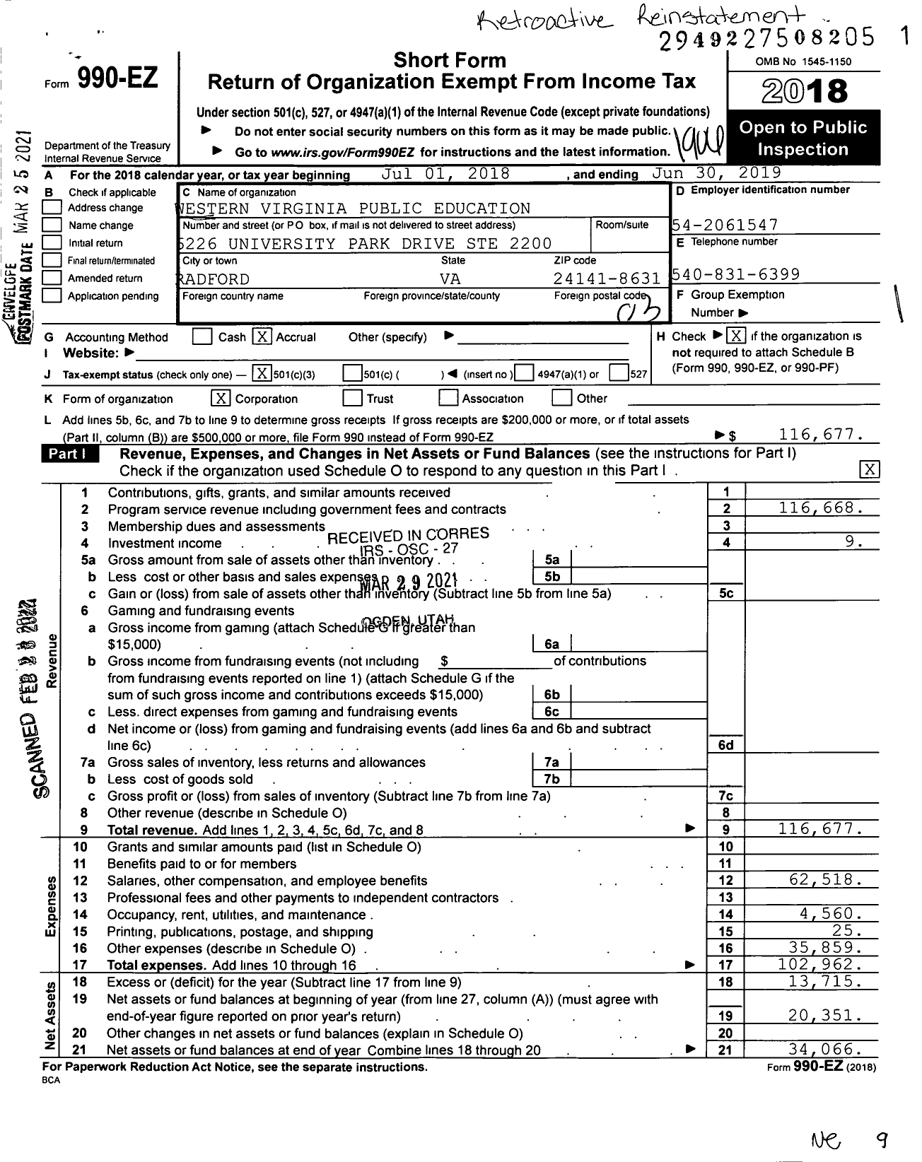 Image of first page of 2018 Form 990EZ for Western Virginia Public Education Foundation