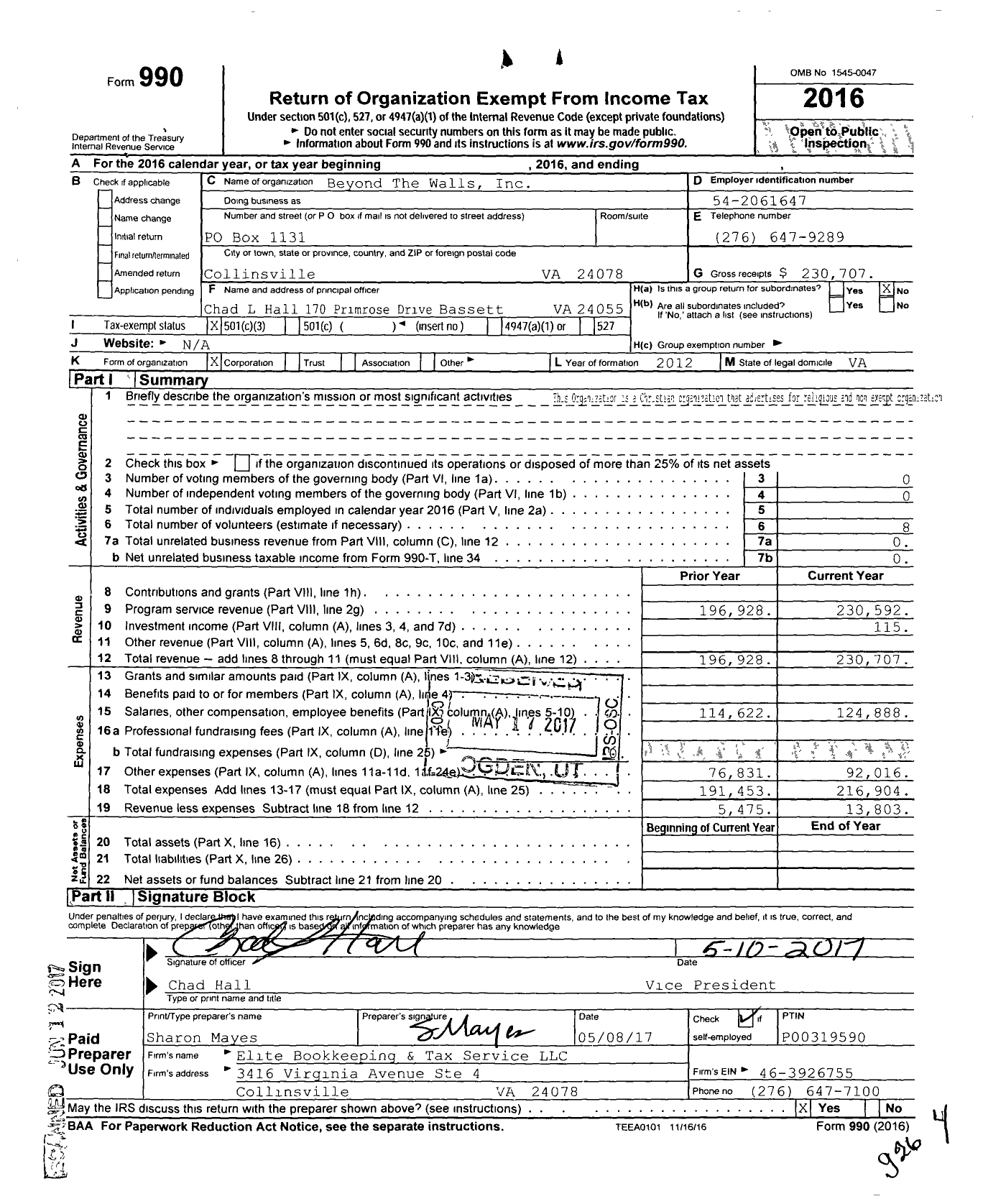 Image of first page of 2016 Form 990 for Beyond The Walls