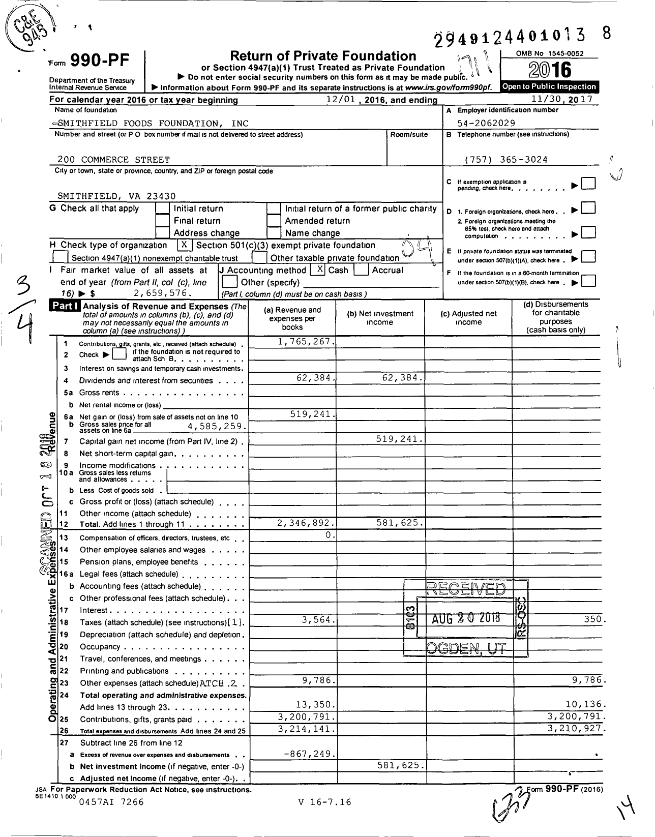 Image of first page of 2016 Form 990PF for Smithfield Foods Foundation