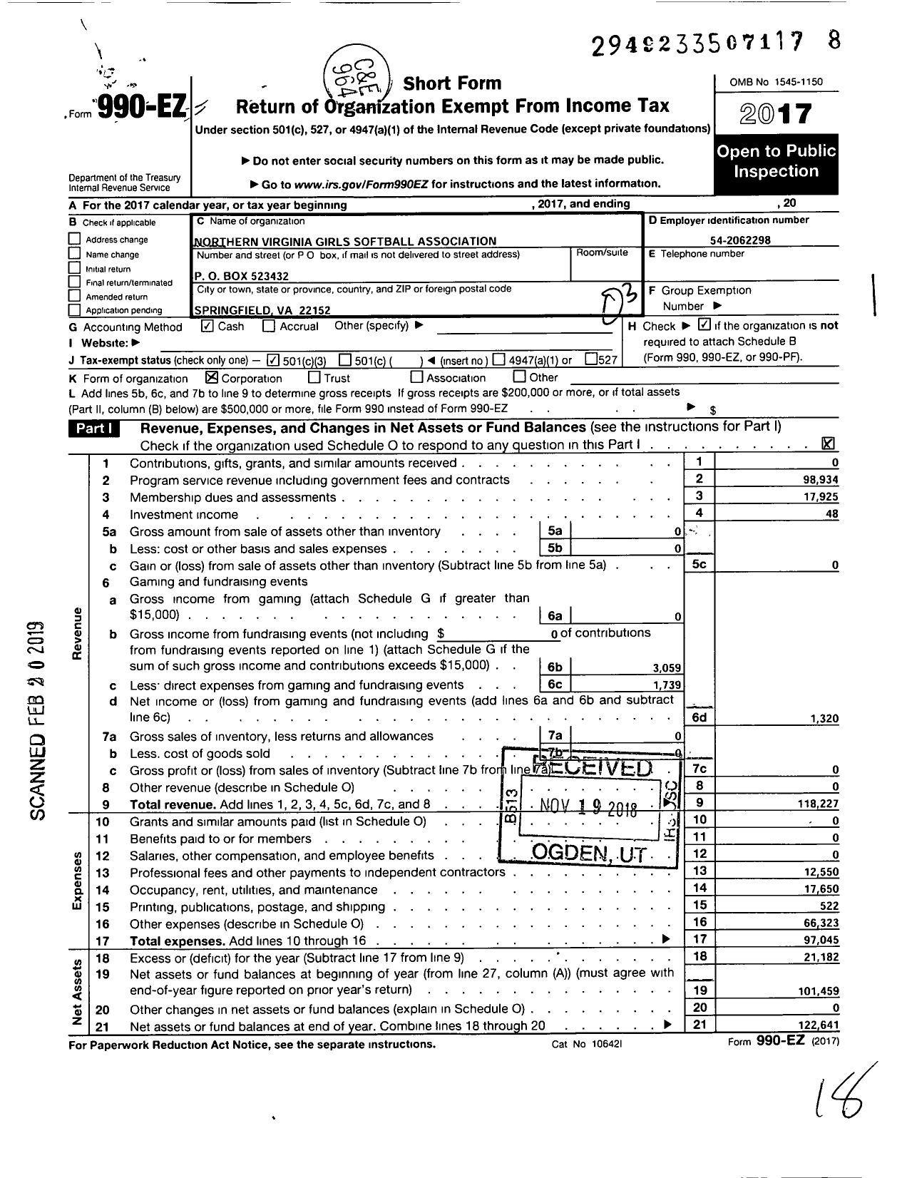 Image of first page of 2017 Form 990EZ for Northern Virginia Girls Softball Association Charitable Trust