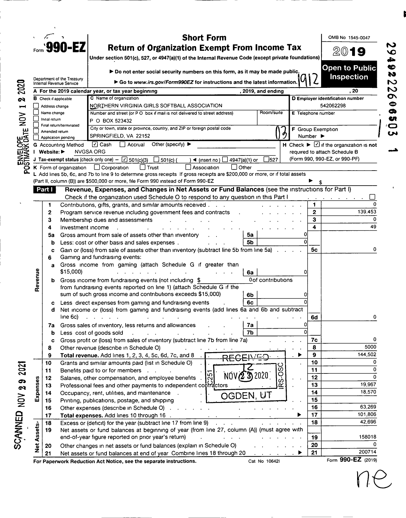 Image of first page of 2019 Form 990EZ for Northern Virginia Girls Softball Association Charitable Trust