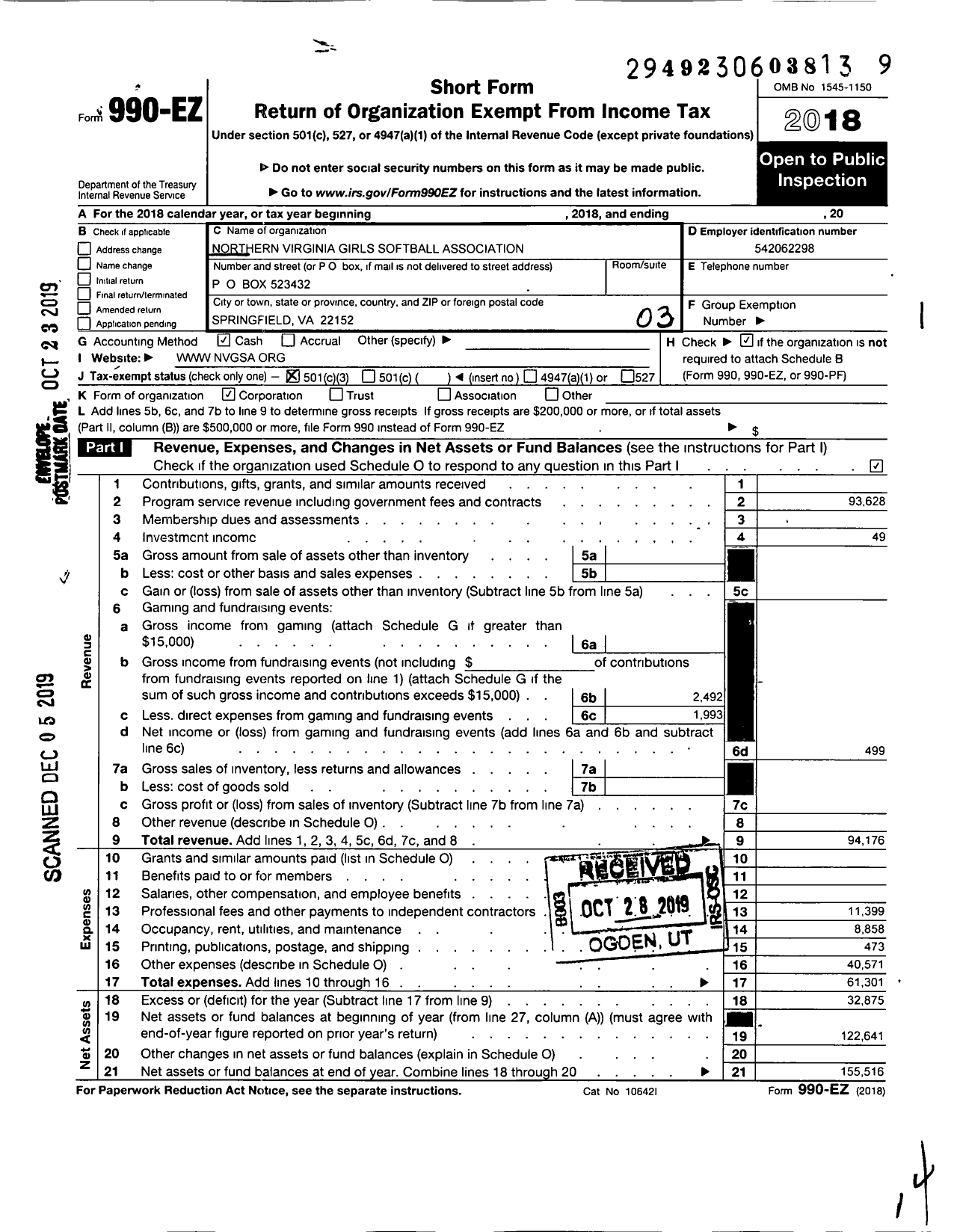 Image of first page of 2018 Form 990EZ for Northern Virginia Girls Softball Association Charitable Trust