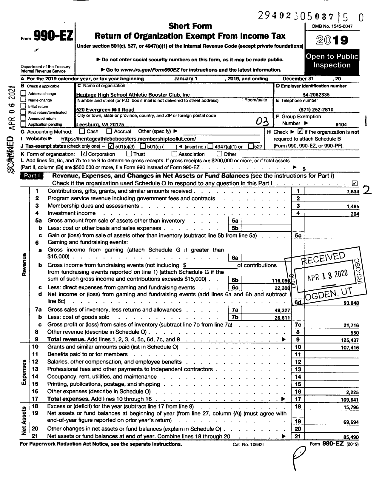 Image of first page of 2019 Form 990EZ for Heritage High School Athletic Booster Club