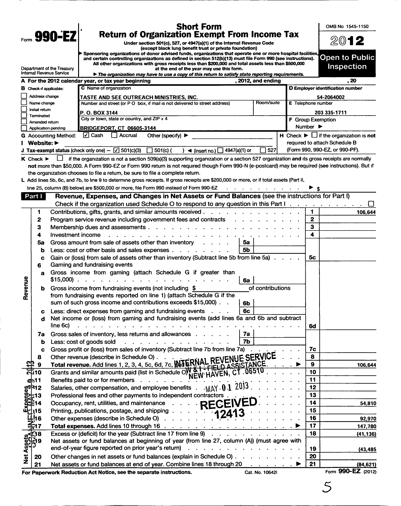 Image of first page of 2012 Form 990EZ for Taste and See Outreach Ministries