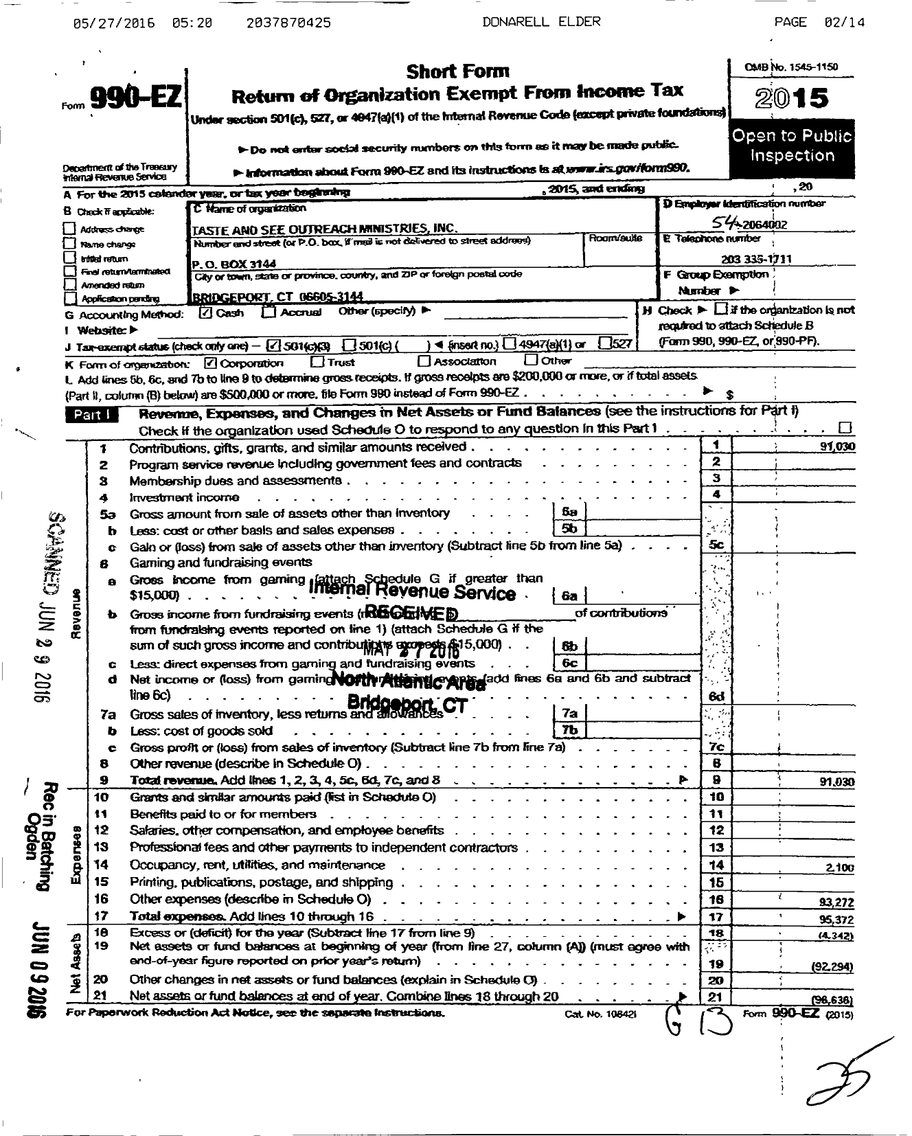 Image of first page of 2015 Form 990EZ for Taste and See Outreach Ministries