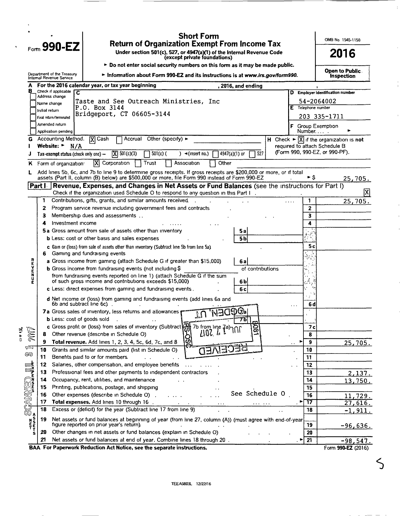 Image of first page of 2016 Form 990EZ for Taste and See Outreach Ministries