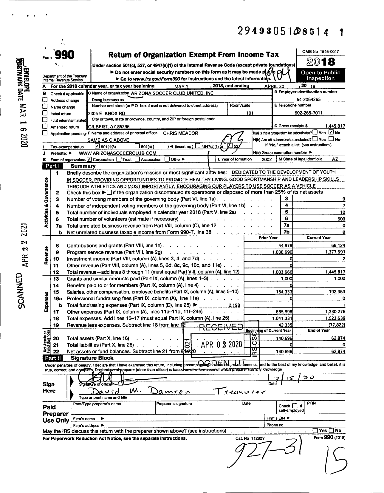 Image of first page of 2018 Form 990 for Arizona Soccer Club United