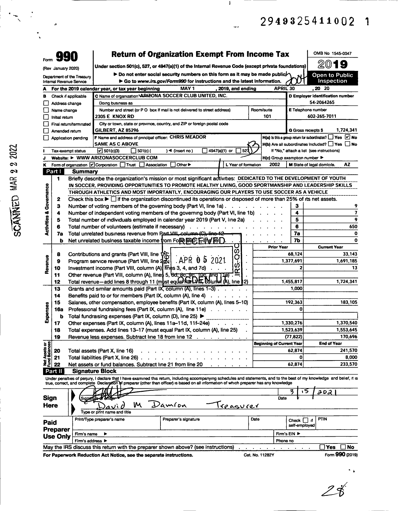 Image of first page of 2019 Form 990 for Arizona Soccer Club United