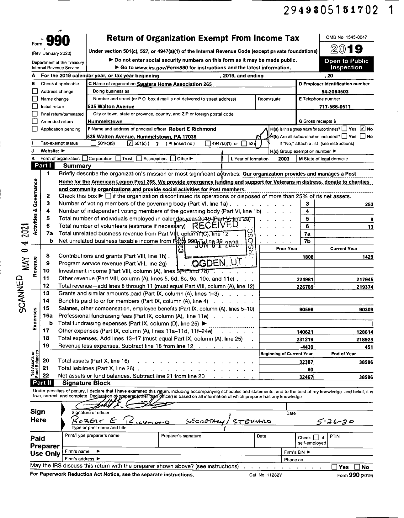 Image of first page of 2019 Form 990O for Swatara Home Association 265