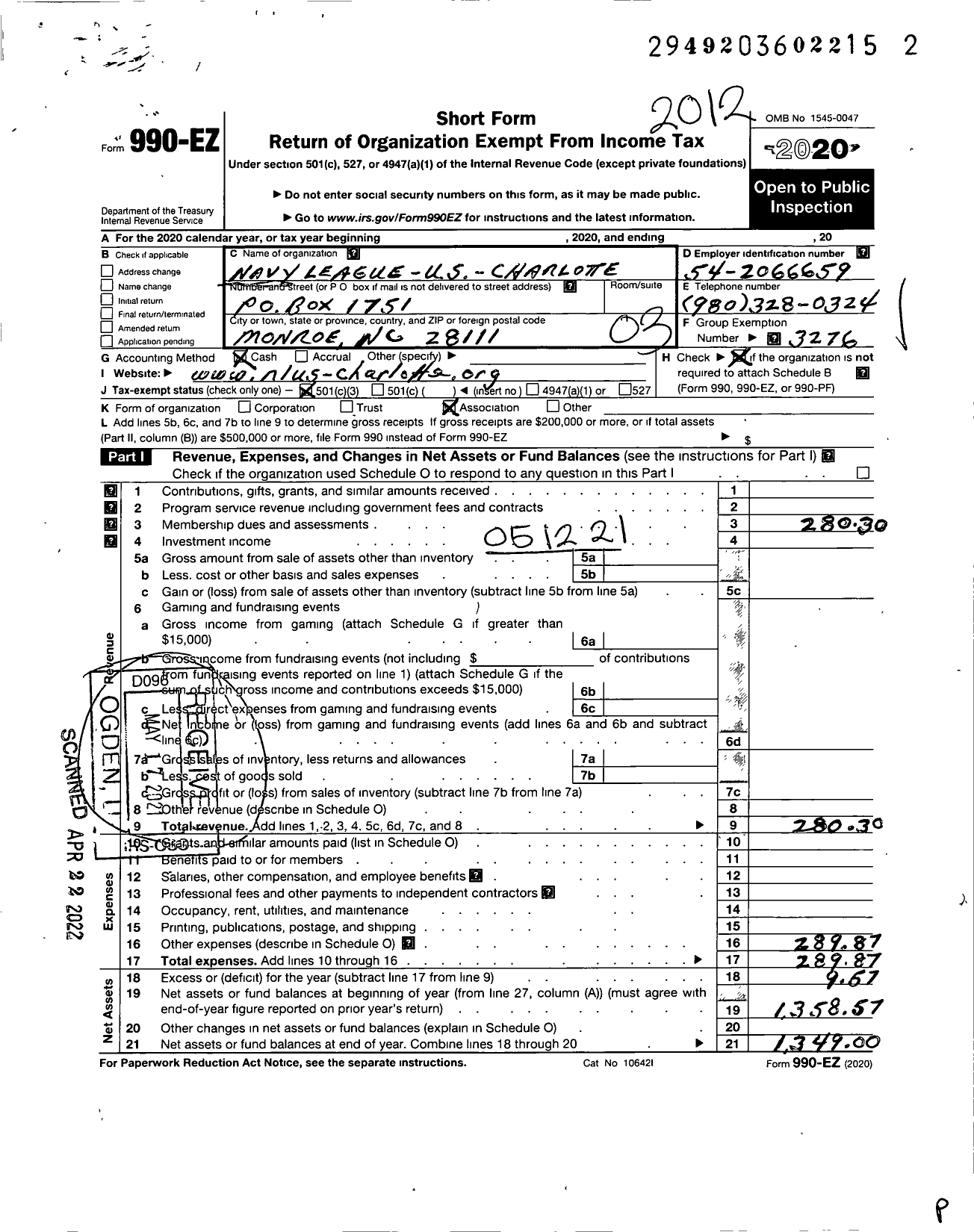 Image of first page of 2020 Form 990EZ for Navy League of the United States / Charlotte Council