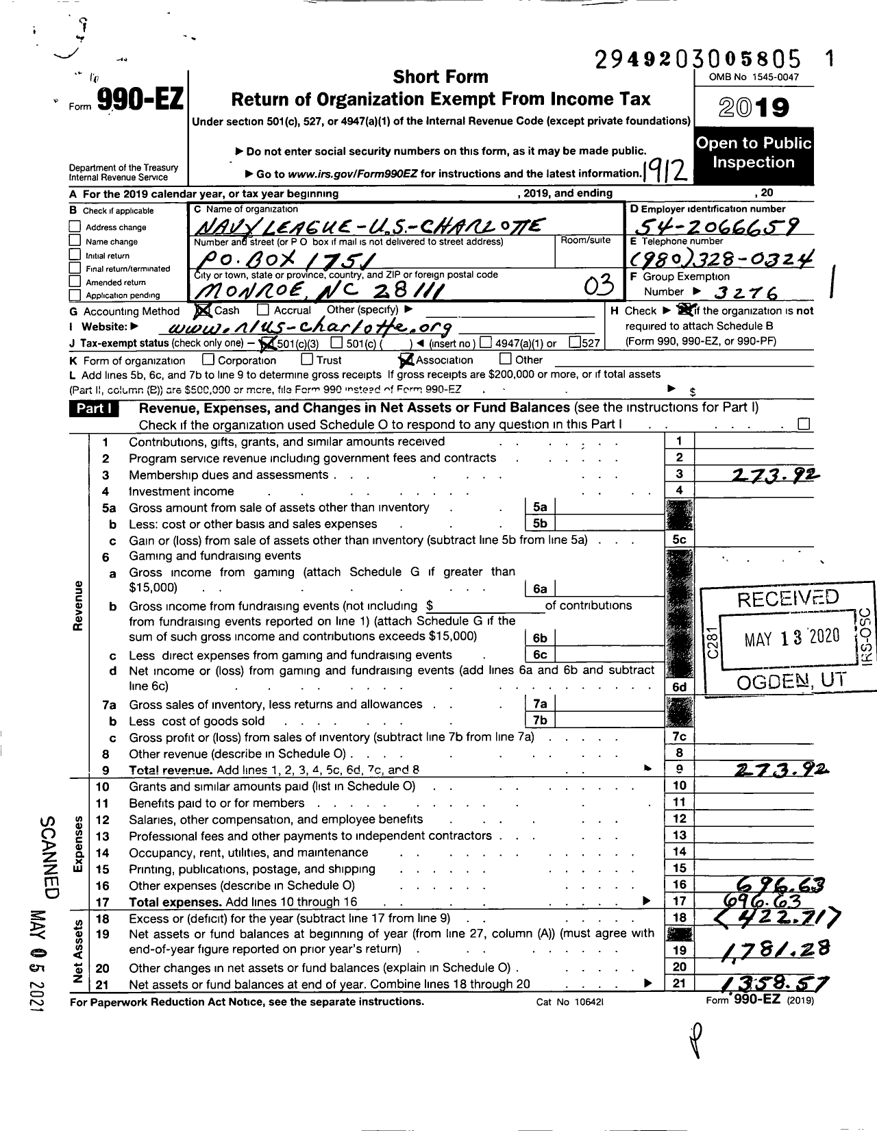 Image of first page of 2019 Form 990EZ for Navy League of the United States / Charlotte Council