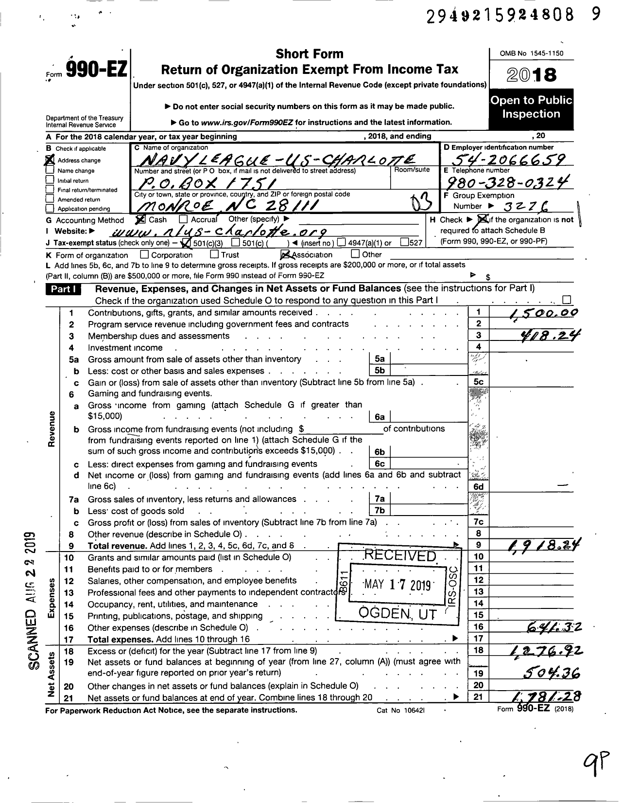 Image of first page of 2018 Form 990EZ for Navy League of the United States / Charlotte Council