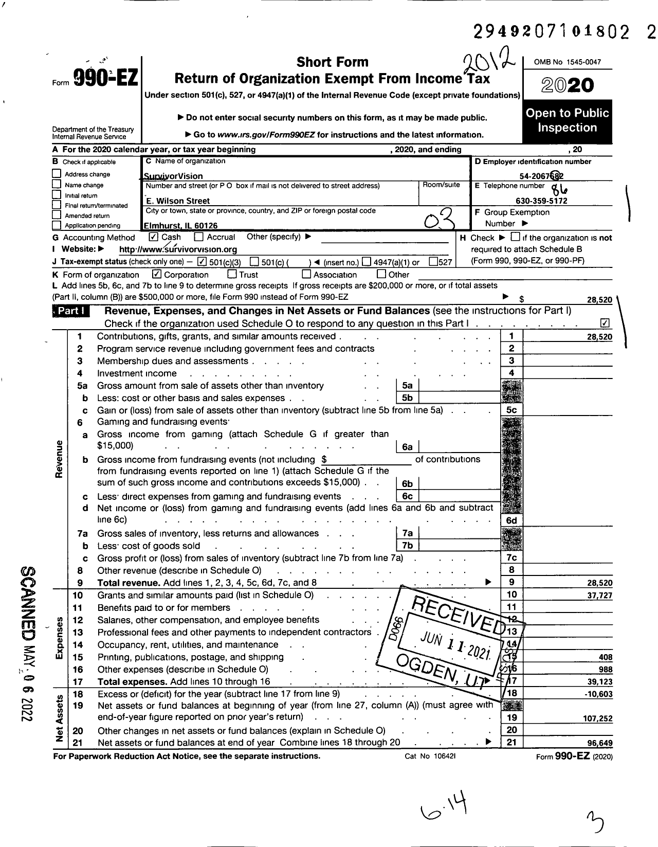 Image of first page of 2020 Form 990EZ for SurvivorVision