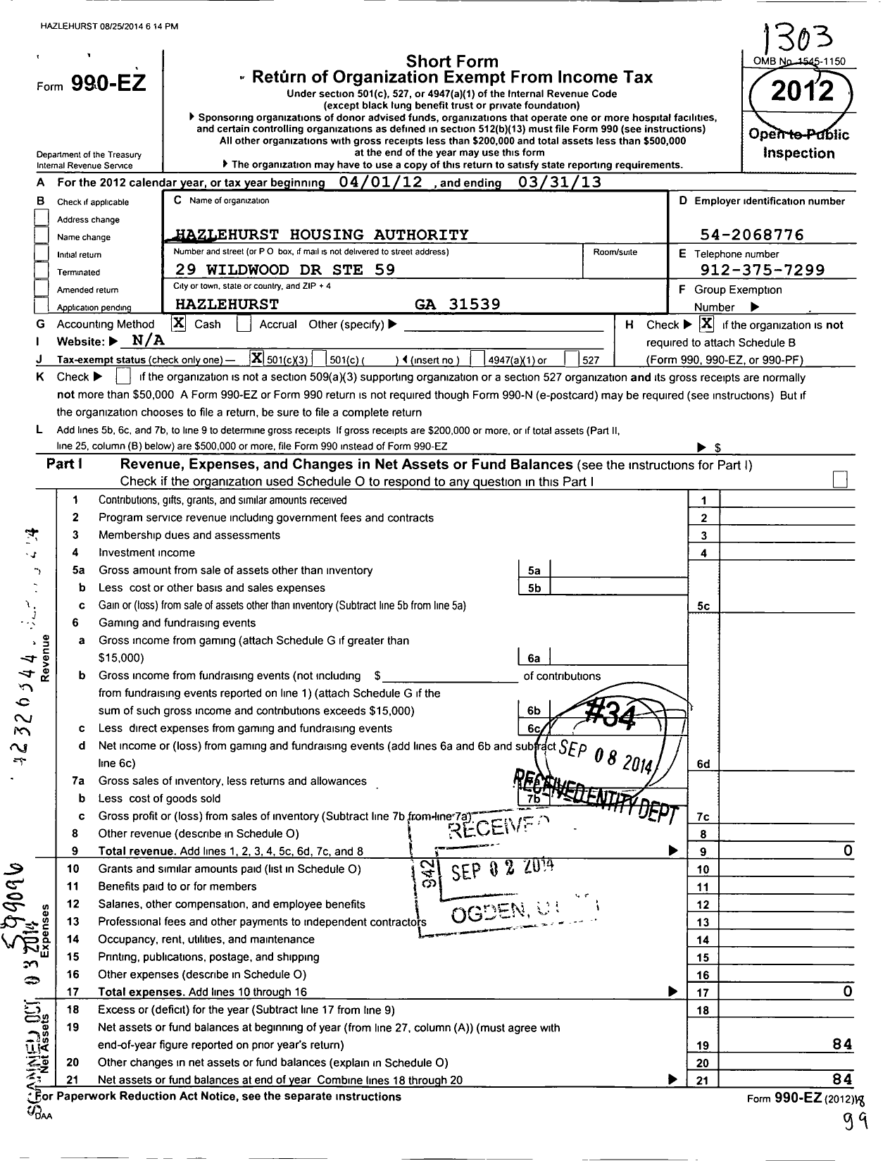 Image of first page of 2012 Form 990EZ for Hazlehurst Housing Authority Resident Council