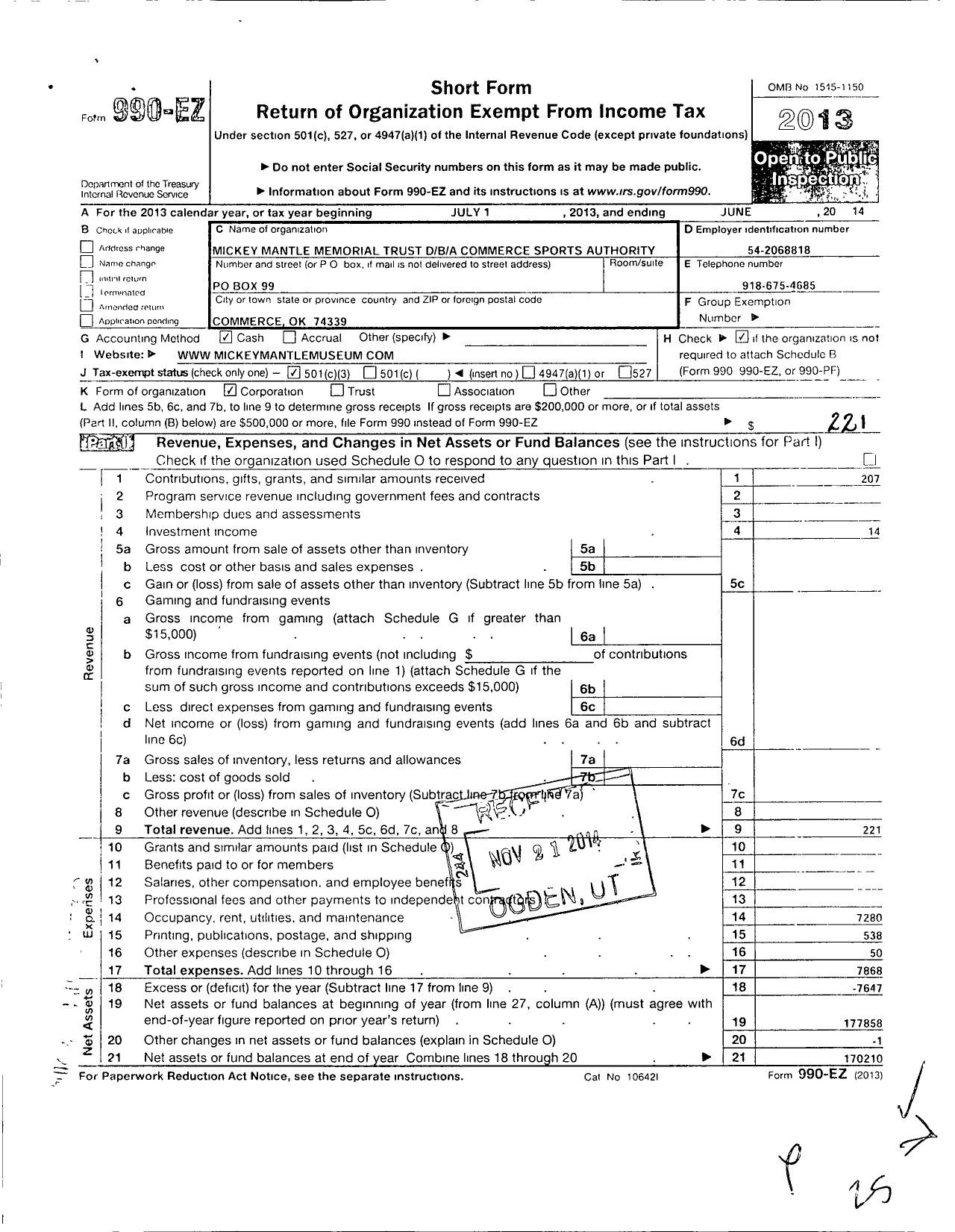 Image of first page of 2013 Form 990EZ for Mickey Mantle Memorial Trust