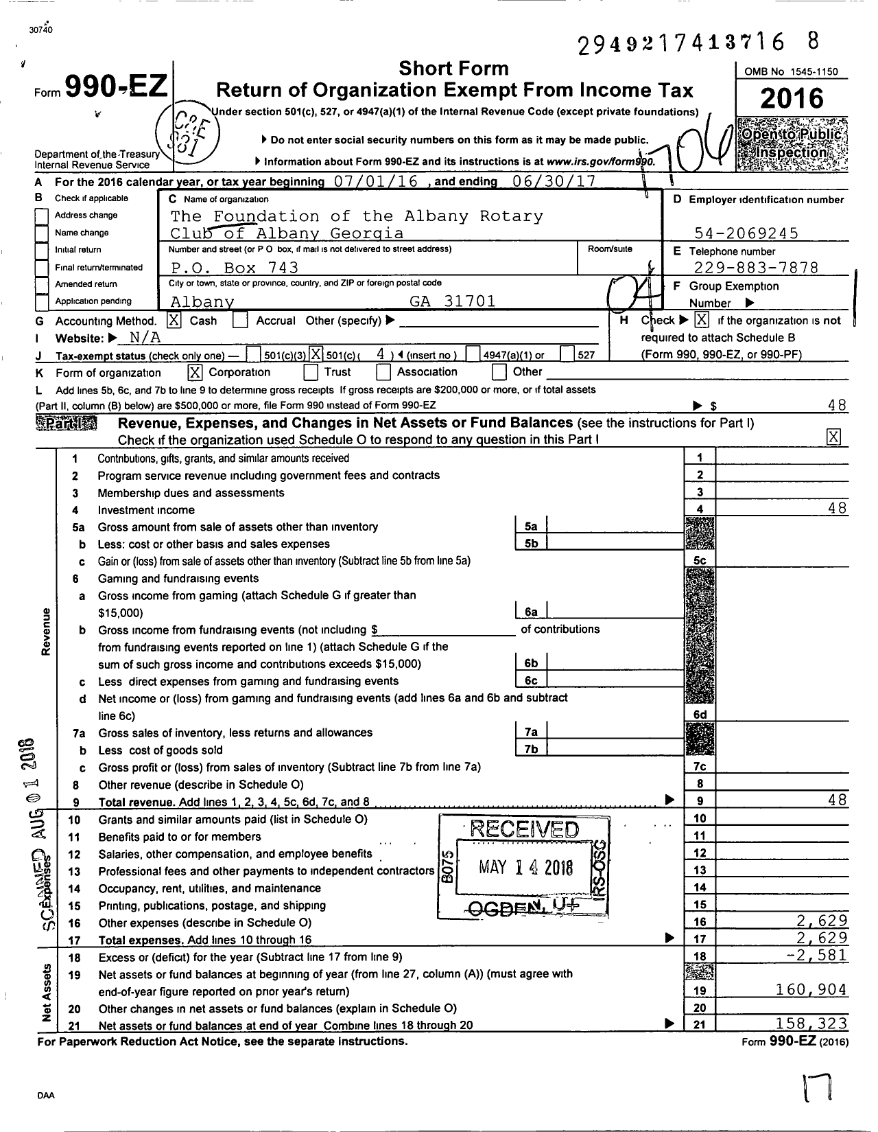 Image of first page of 2016 Form 990EO for The Foundation of the Albany Rotary Club of Albany Georgia