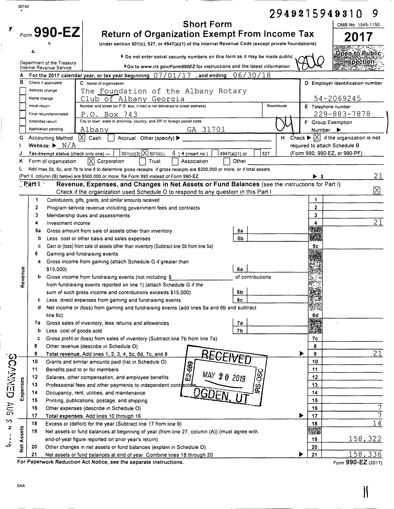 Image of first page of 2017 Form 990EO for The Foundation of the Albany Rotary Club of Albany Georgia