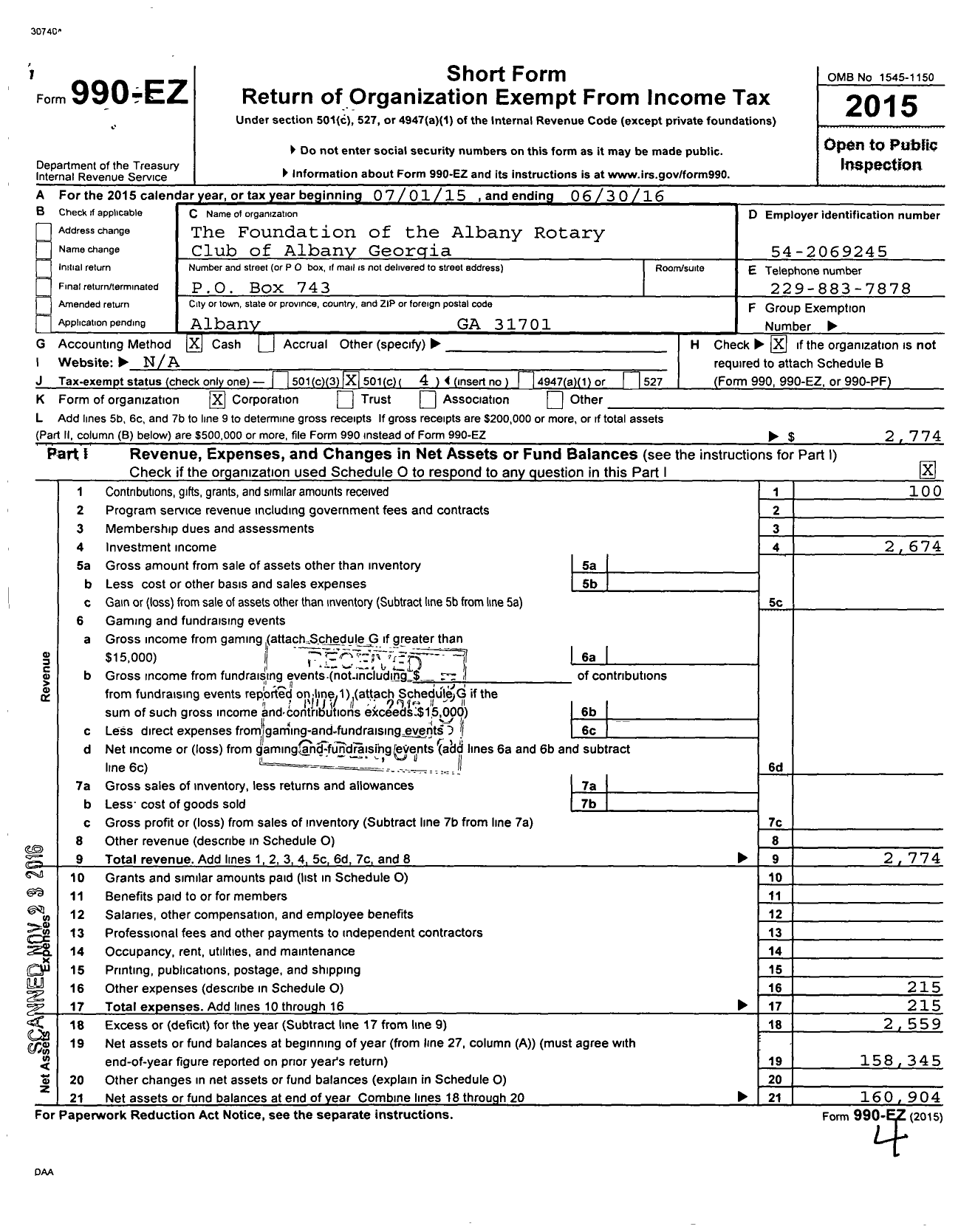 Image of first page of 2015 Form 990EO for The Foundation of the Albany Rotary Club of Albany Georgia