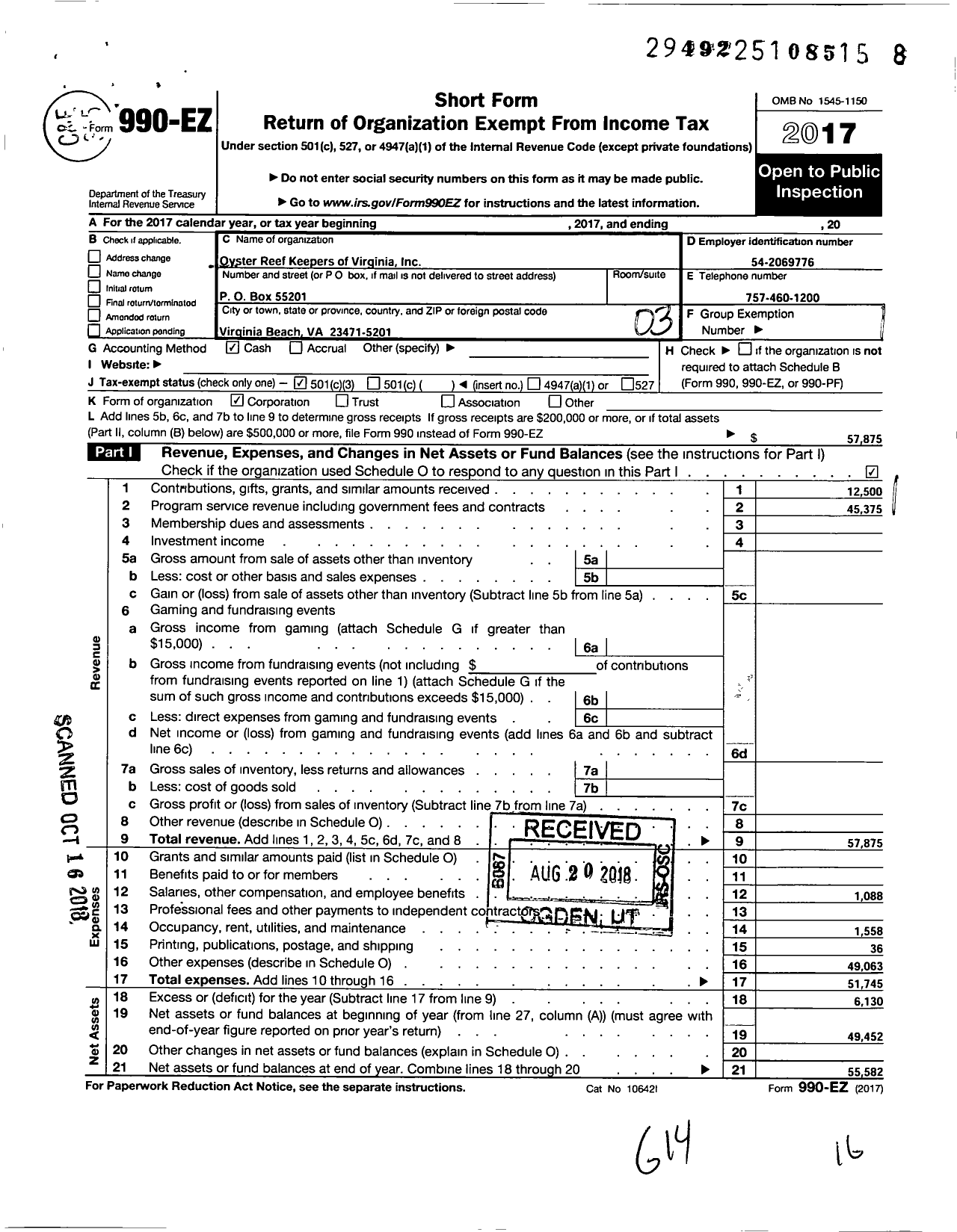 Image of first page of 2017 Form 990EZ for Oyster Reef Keepers of Virginia