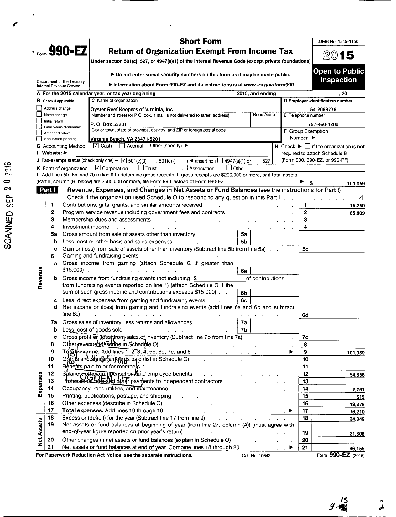 Image of first page of 2015 Form 990EZ for Oyster Reef Keepers of Virginia